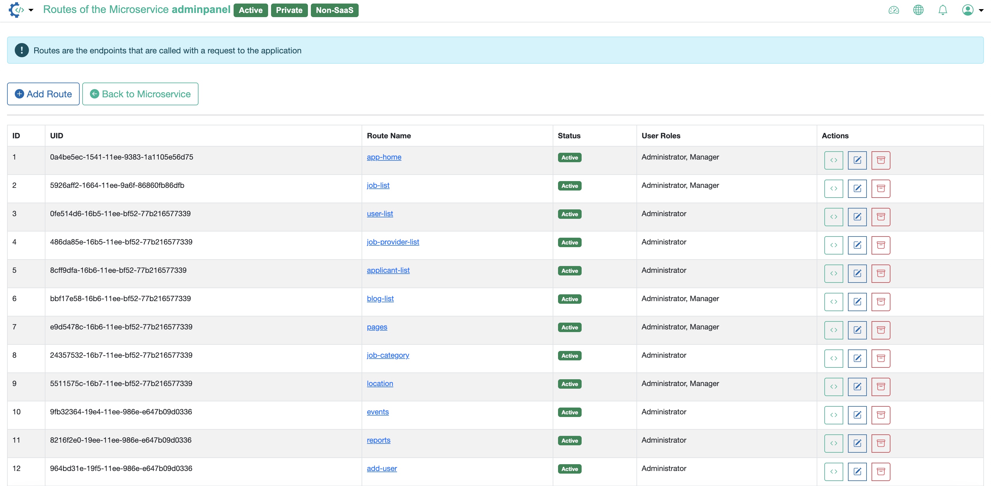 Figure 2: RAD Admin Portal Individual Microservice Route List Screen