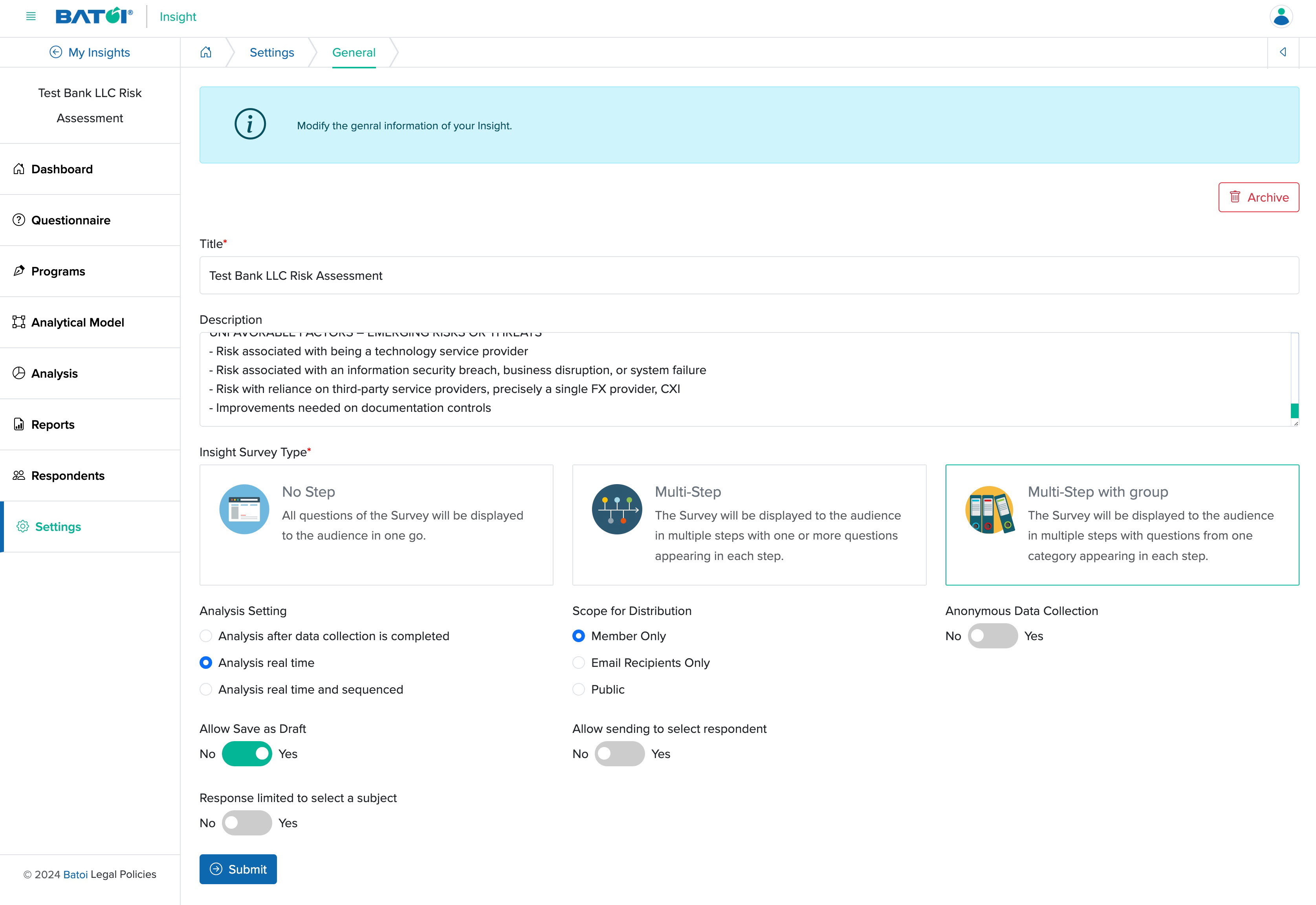 Figure 4: Individual Insight General Settings Screen