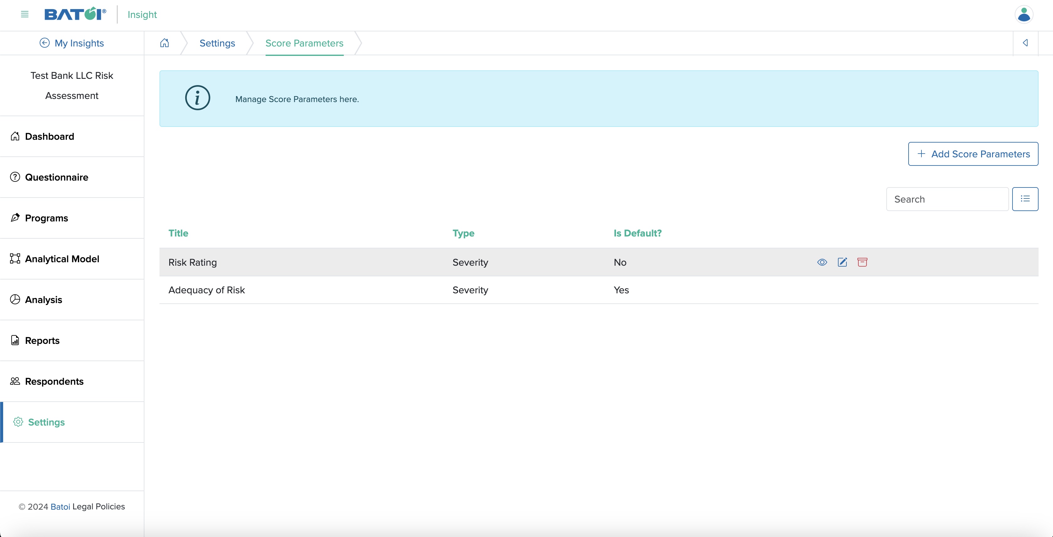 Figure 11: Individual Insight Score Parameter View Page Settings Screen