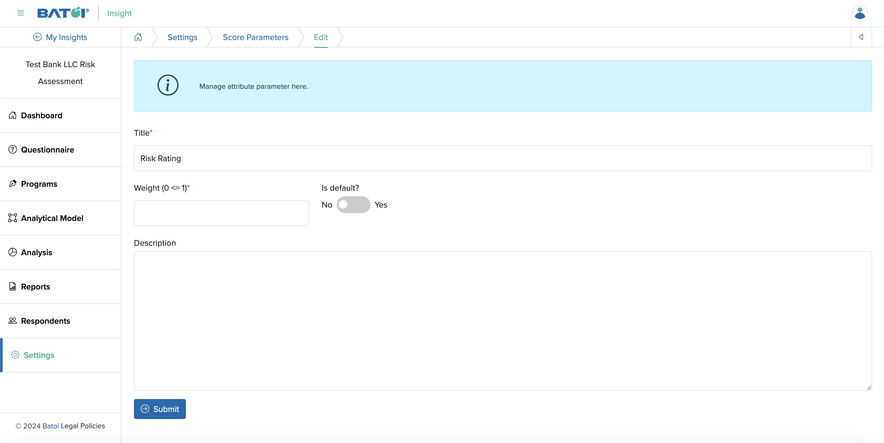 Figure 13: Individual Insight Edit Score Parameter Page Settings Screen