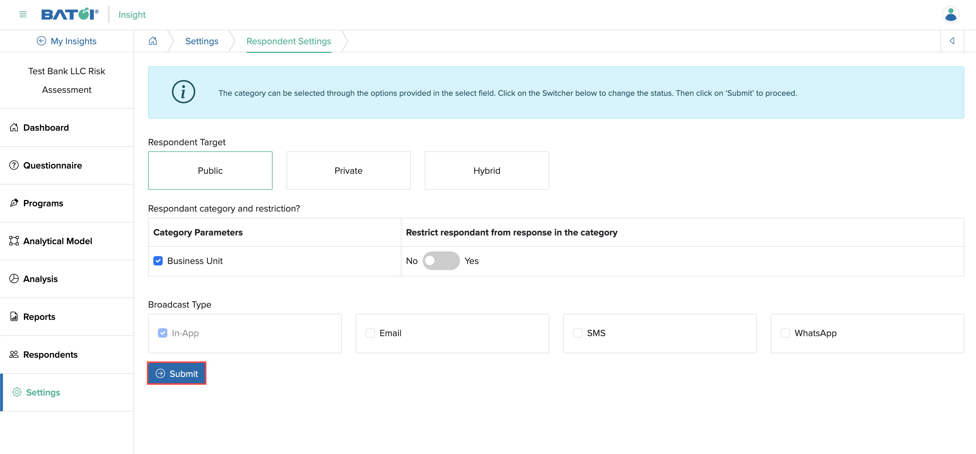 Figure 16: Individual Insight Respondent Setting Page Settings Screen