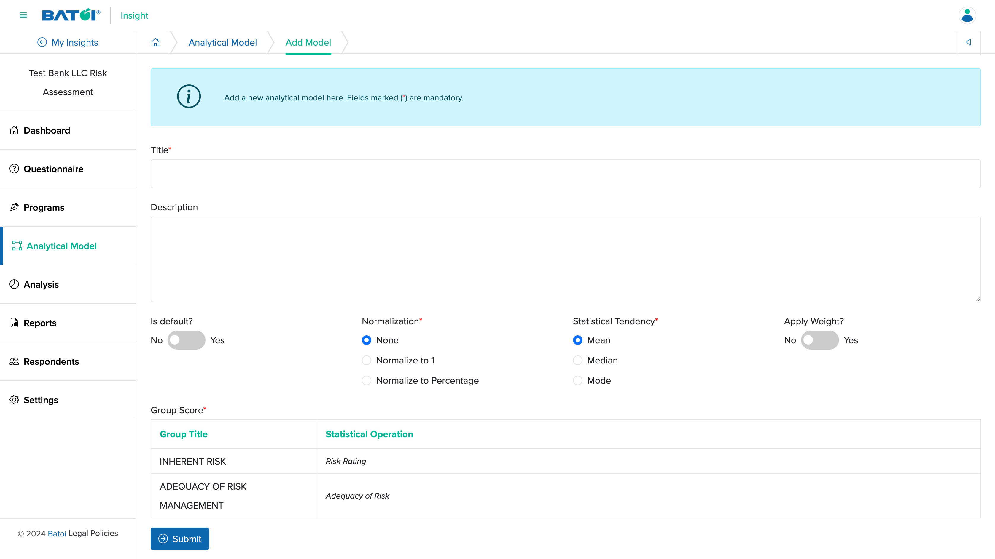 Figure 2: Individual Insight Add Analytical Model Screen