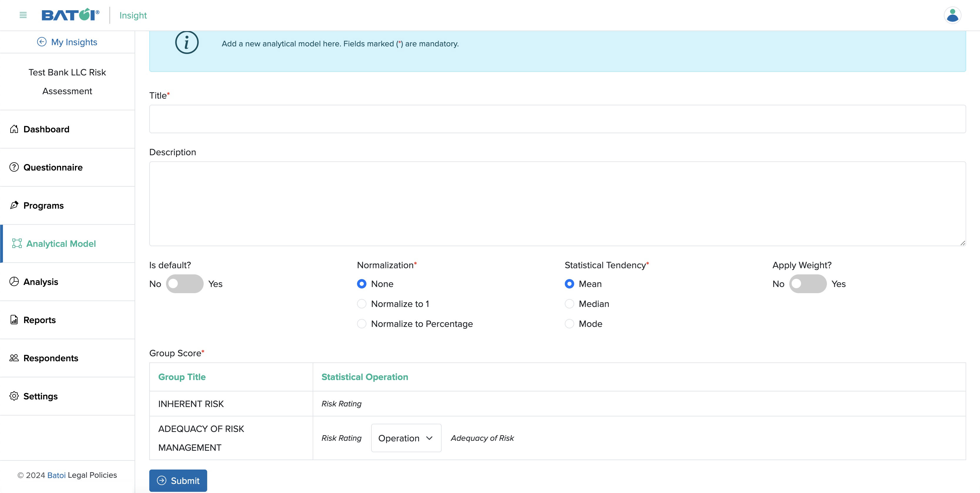 Figure 4: Individual Insight Add Analytical Model with Multiple Score Parameter Screen