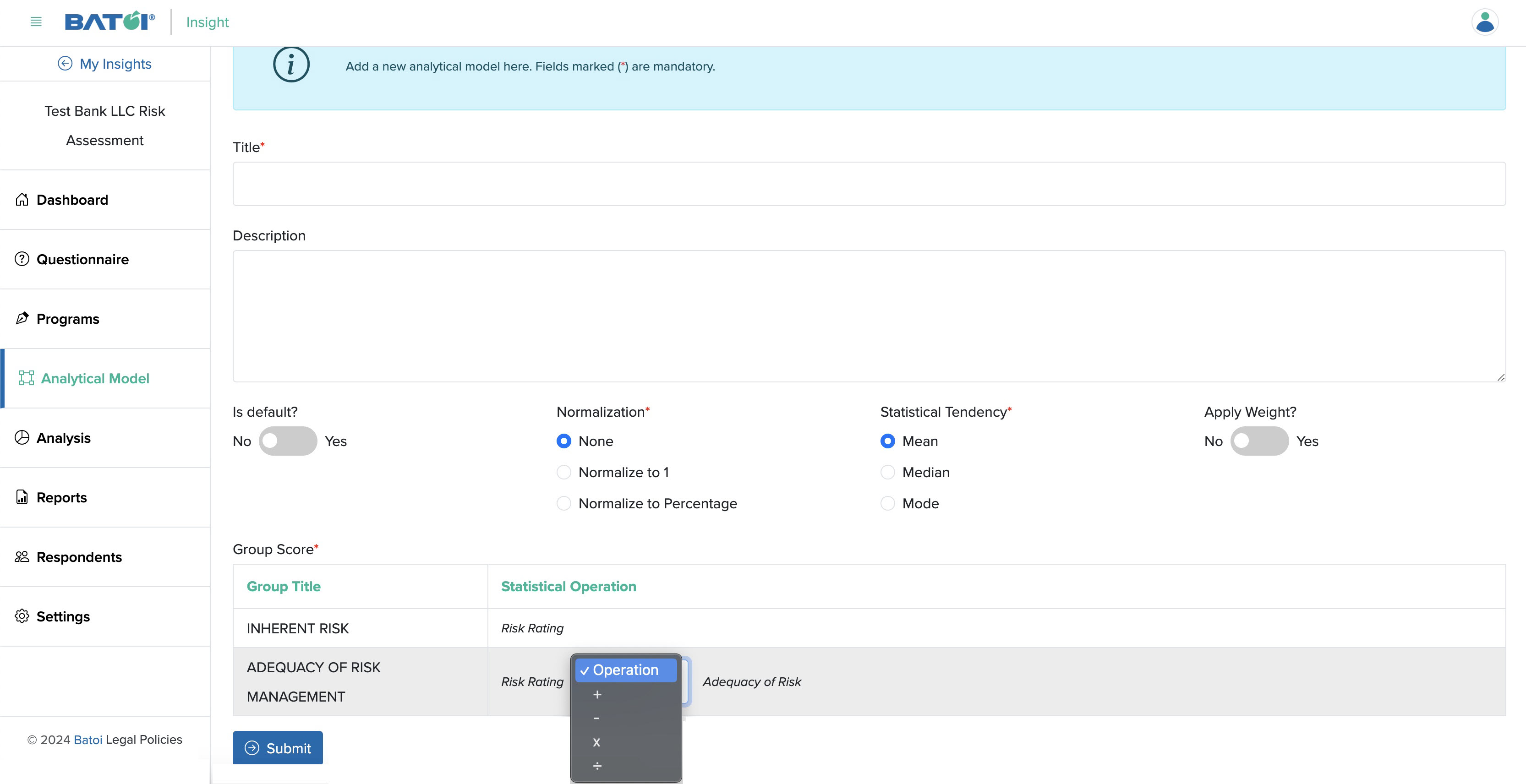 Figure 5: Individual Insight Add Analytical Model with Multiple Score Parameter with Operator Selection Dropmenu