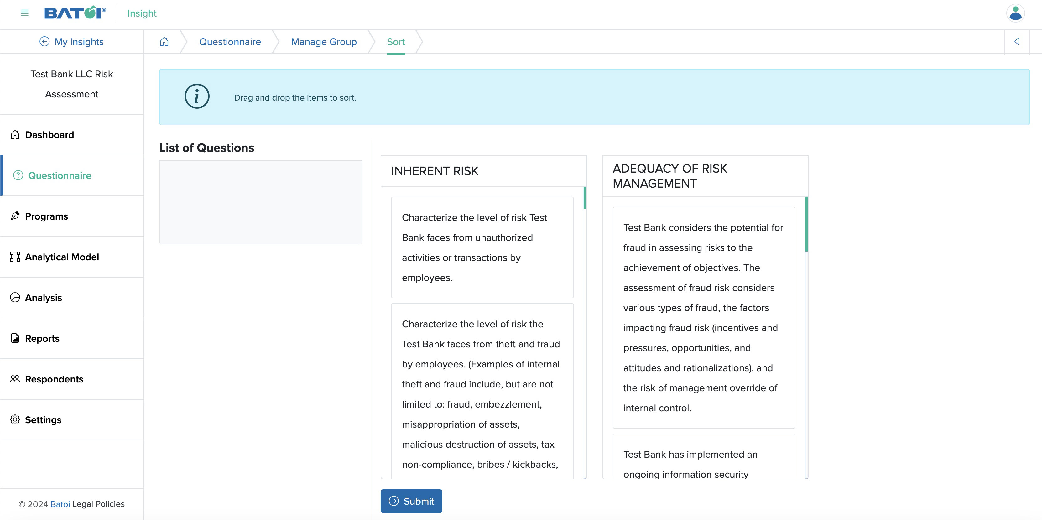 Figure 10: Individual Insight Questionnaire Sort Group Screen