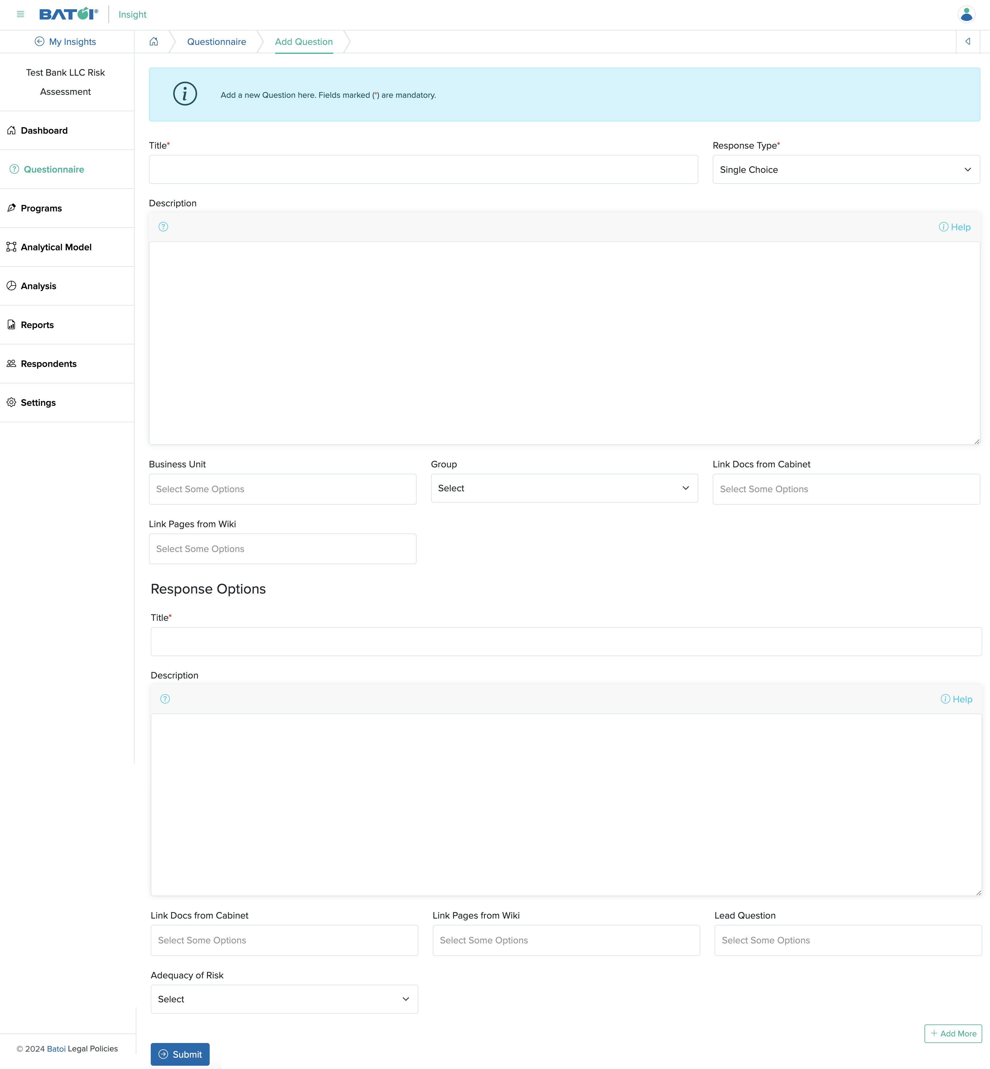 Figure 2: Individual Insight Add Question Screen