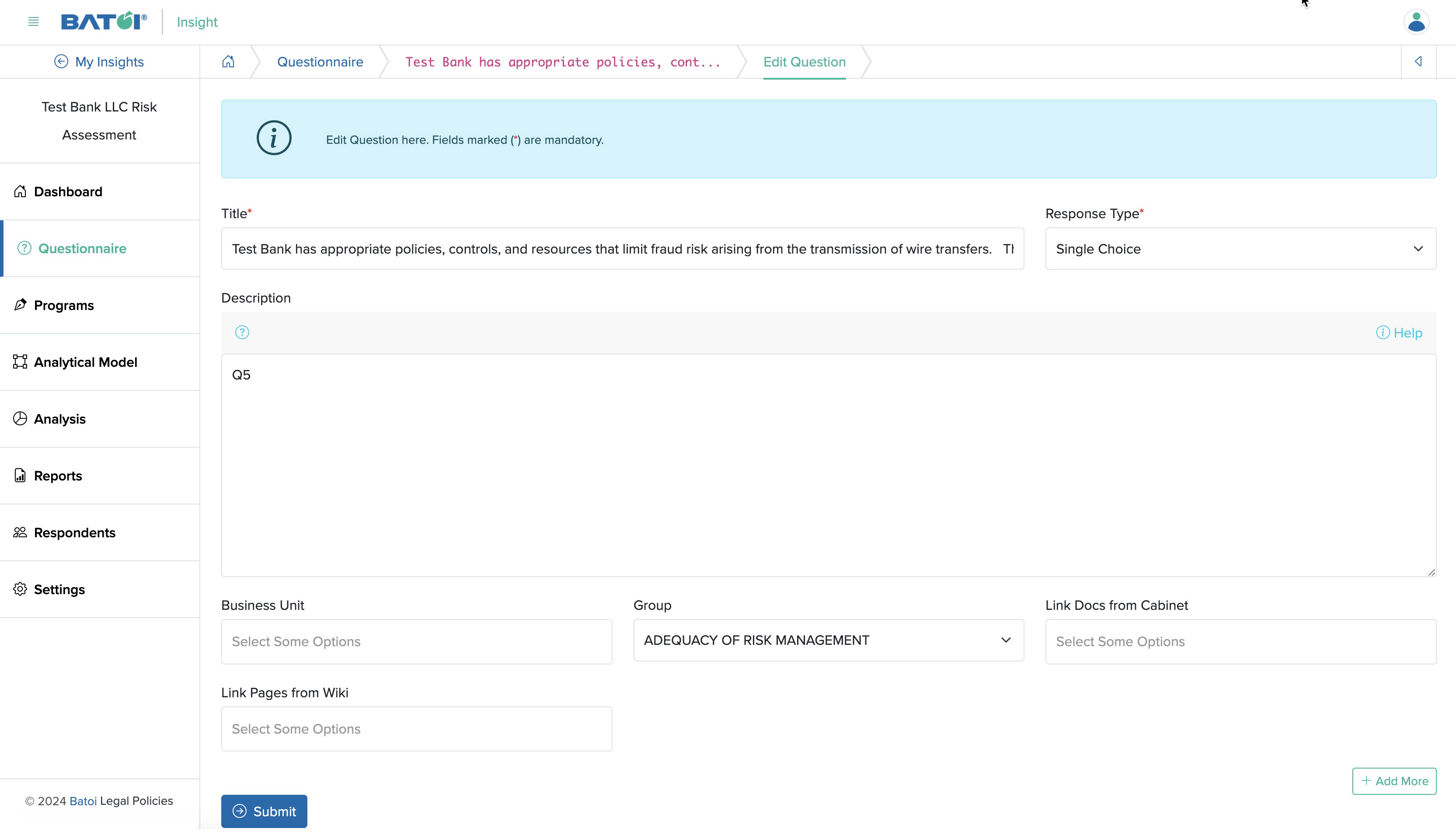 Figure 5: Individual Insight Edit
        Question Screen