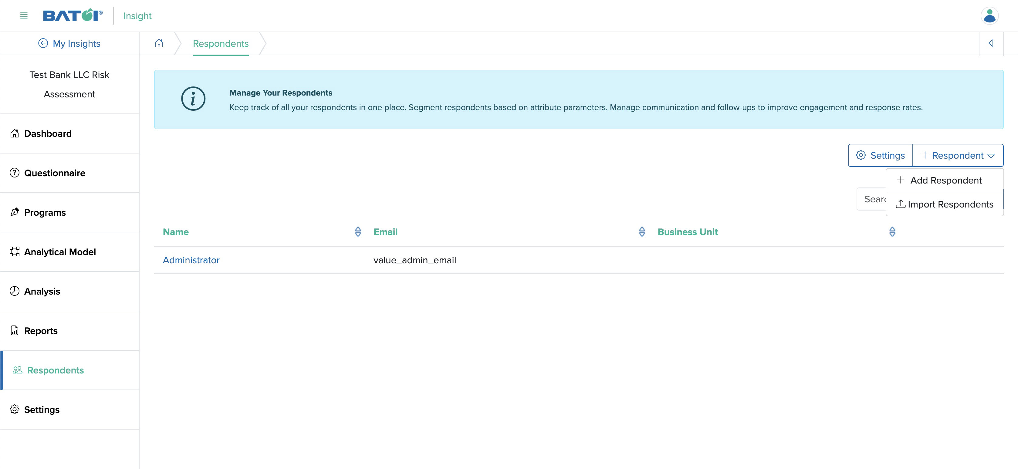 Figure 2: Individual Insight Add Respondents Dropmenu Selection Screen