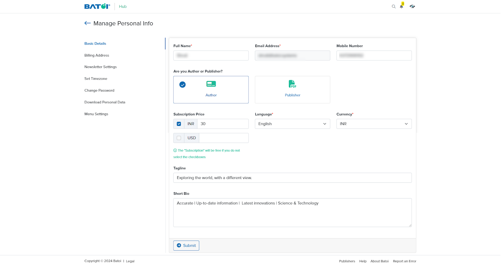 Figure 14: Hub Manage Personal Info Screen