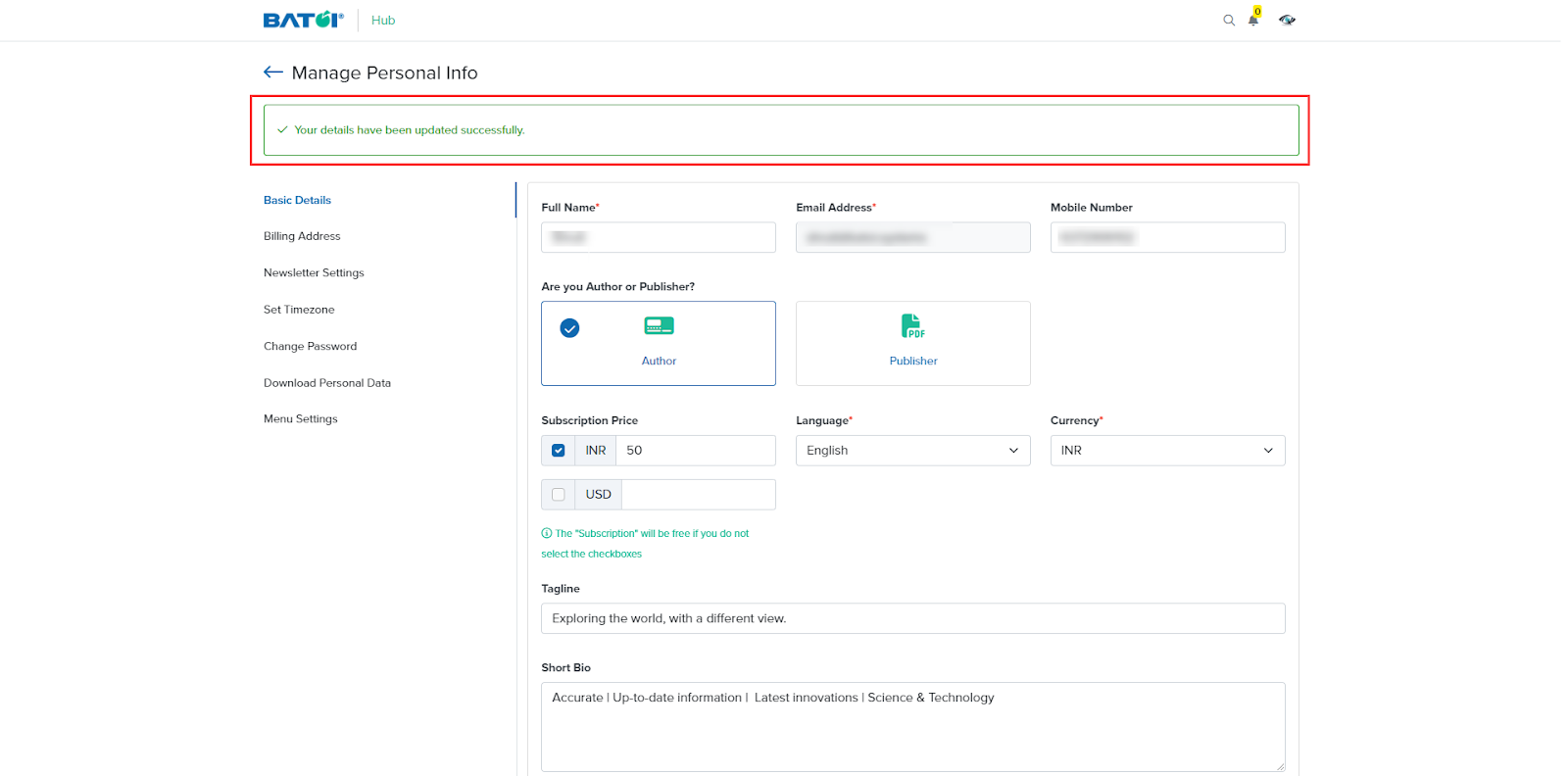 Figure 15: Hub Manage Personal Info Screen