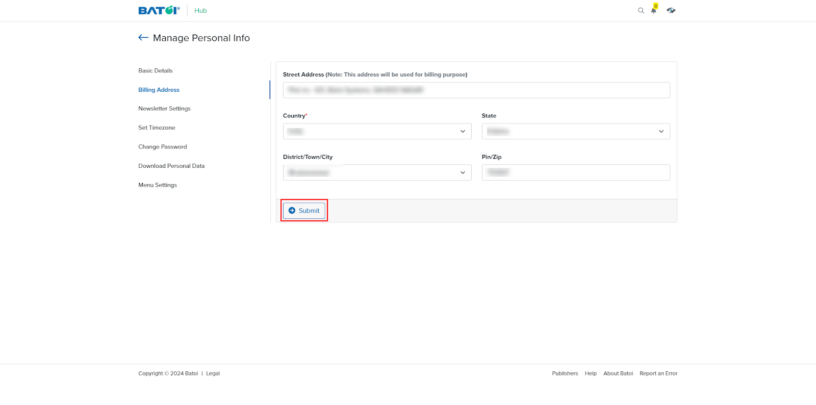 Figure 16: Hub Manage Personal Info Screen