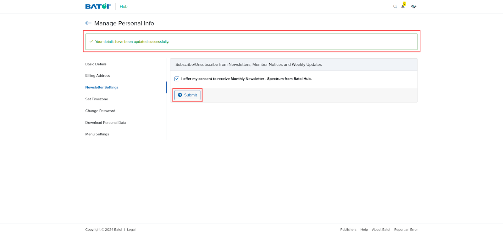 Figure 17: Hub Manage Personal Info Screen