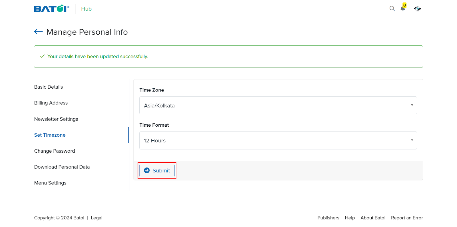 Figure 18: Hub Manage Personal Info Screen