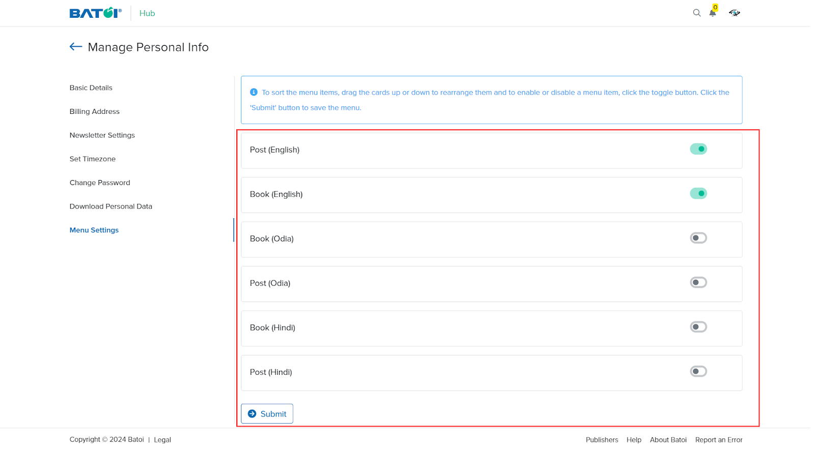 Figure 21: Hub Manage Personal Info Screen