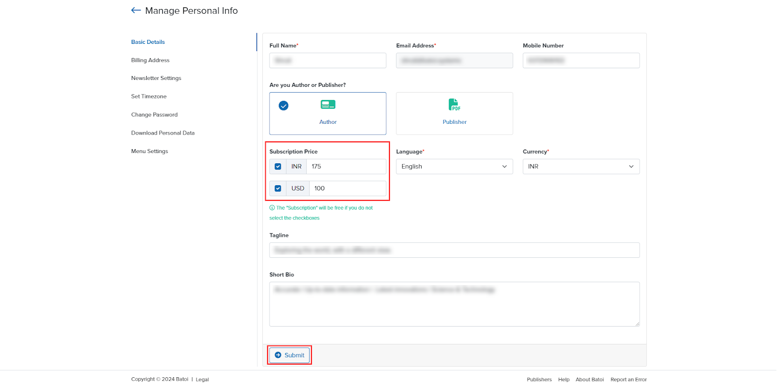 Figure 32: Hub Manage Personal Info Screen