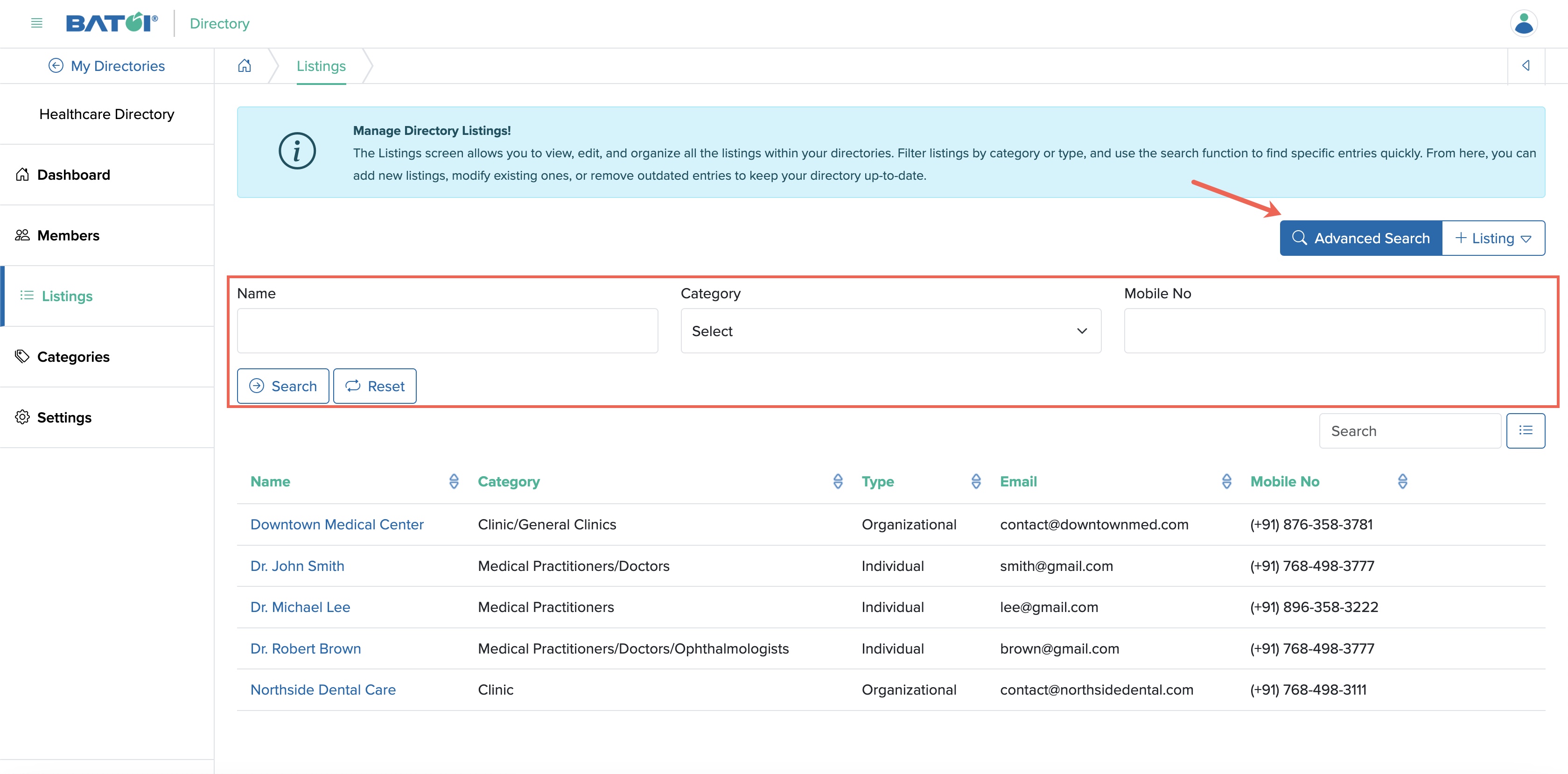 Figure 10: Individual Directory Admin Panel Listing Advanced Search Screen