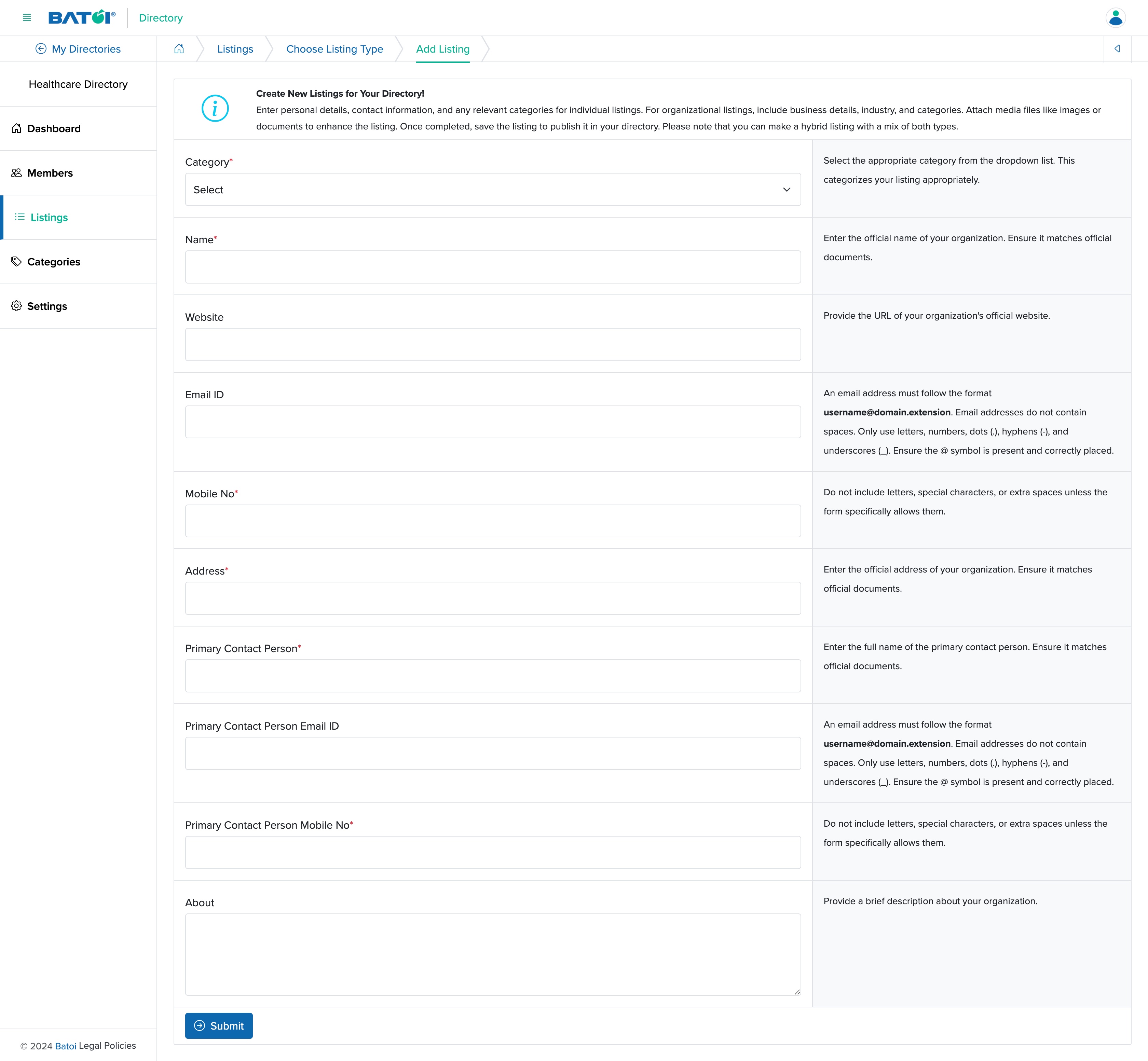 Figure 14: Individual Directory Admin Panel Add Organizational Listing Page