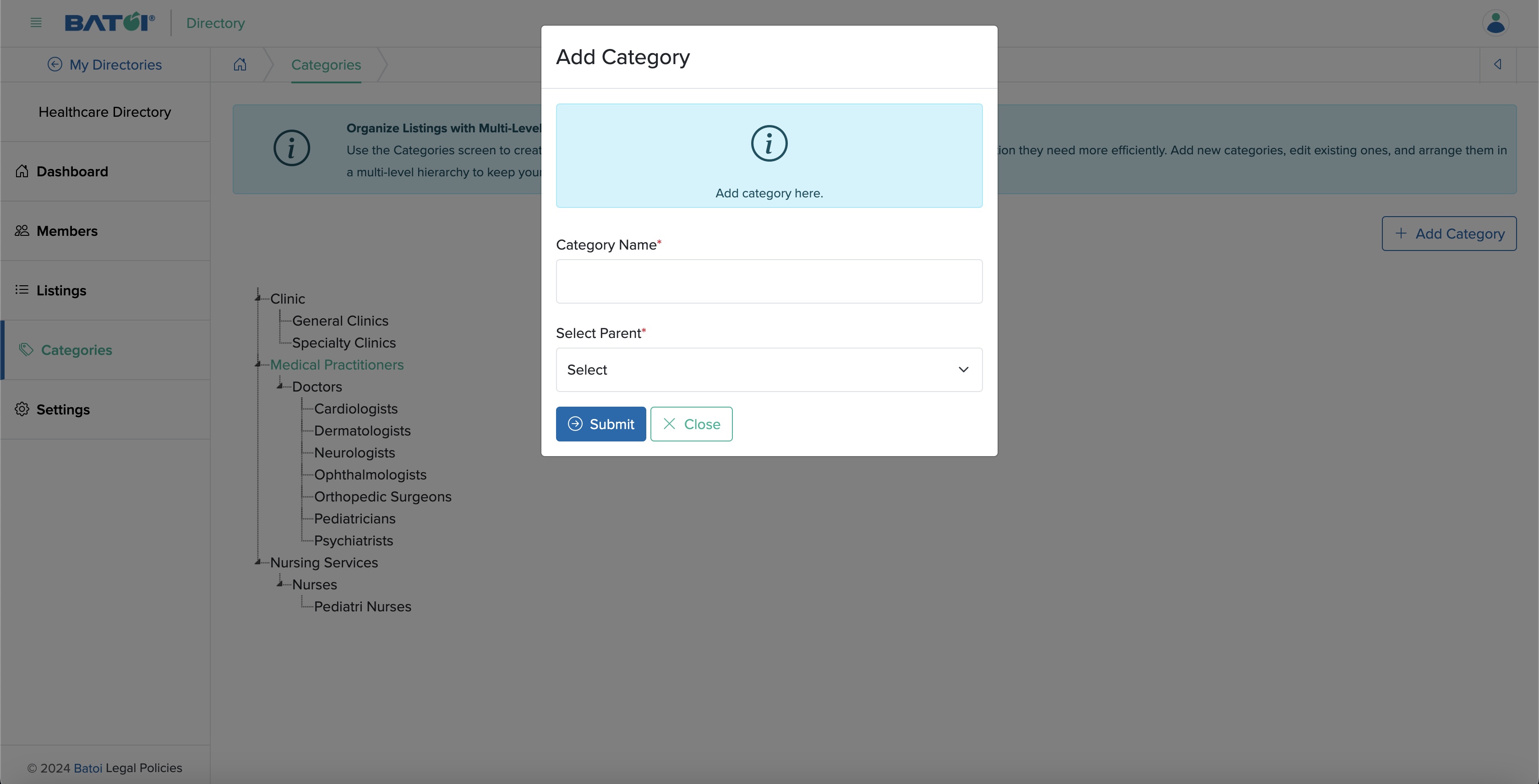 Figure 22: Individual Directory Admin Panel Add Subcategory Pop-up Screen