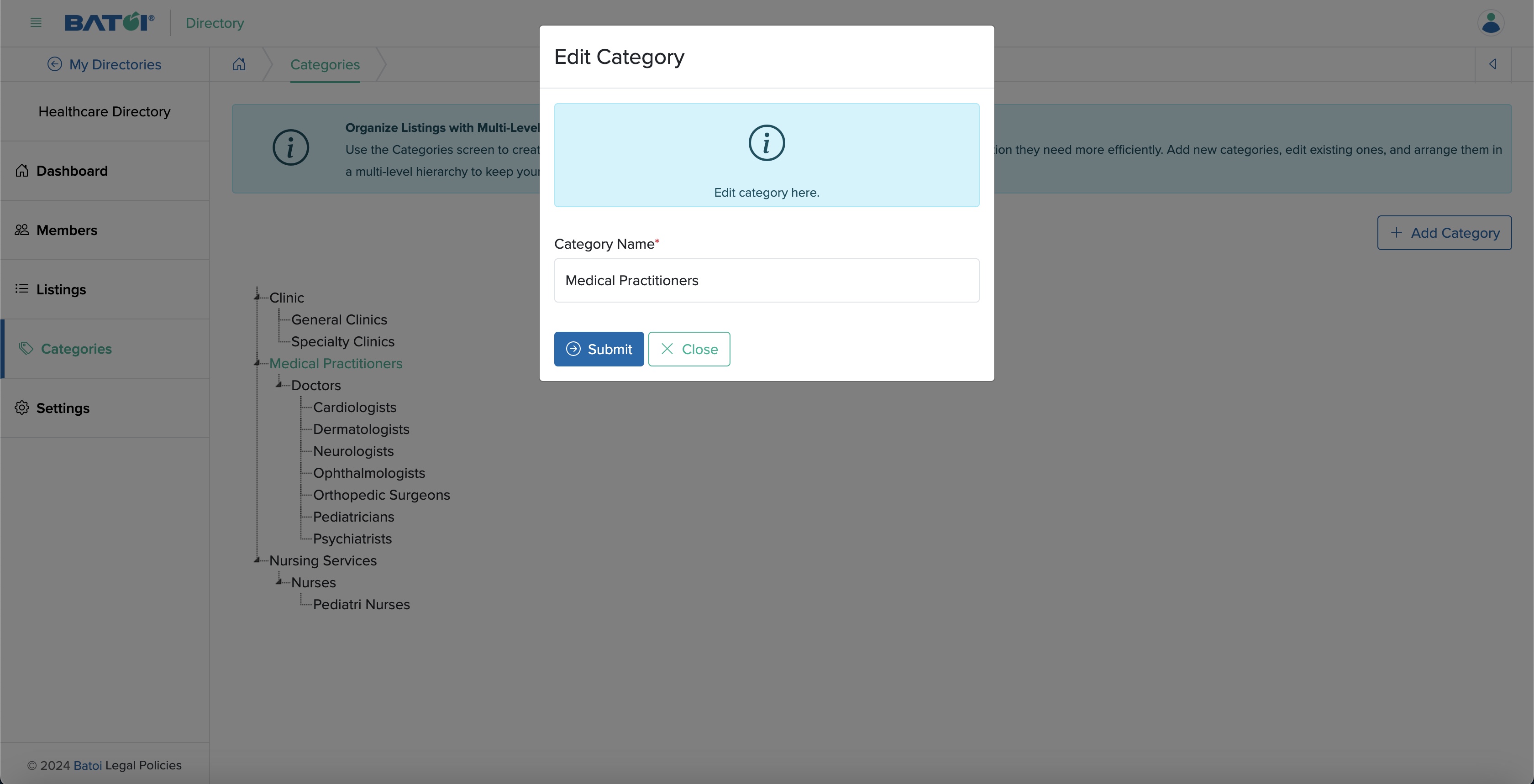 Figure 24: Individual Directory Admin Panel Edit Category Pop-up Screen