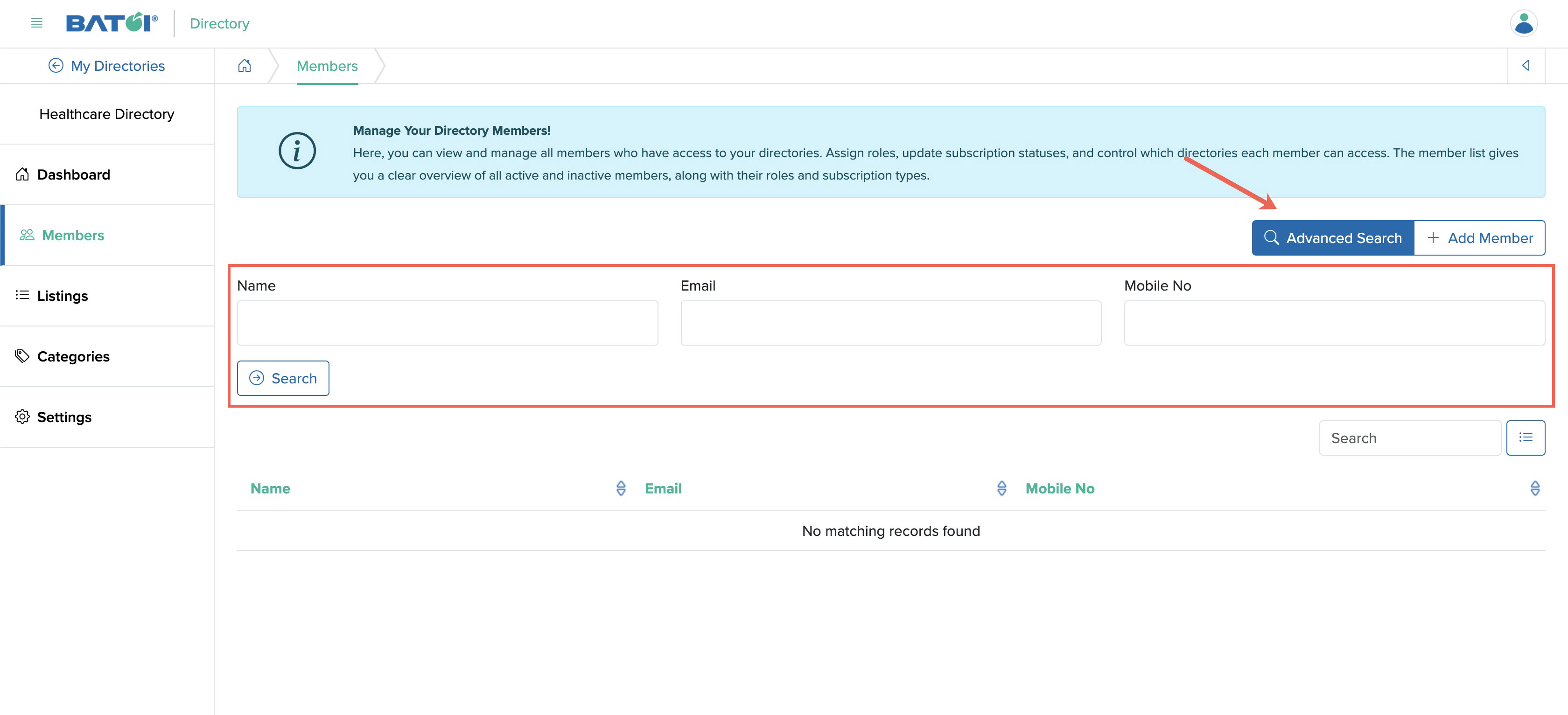 Figure 6: Individual Directory Admin Panel Member Advanced Search Screen