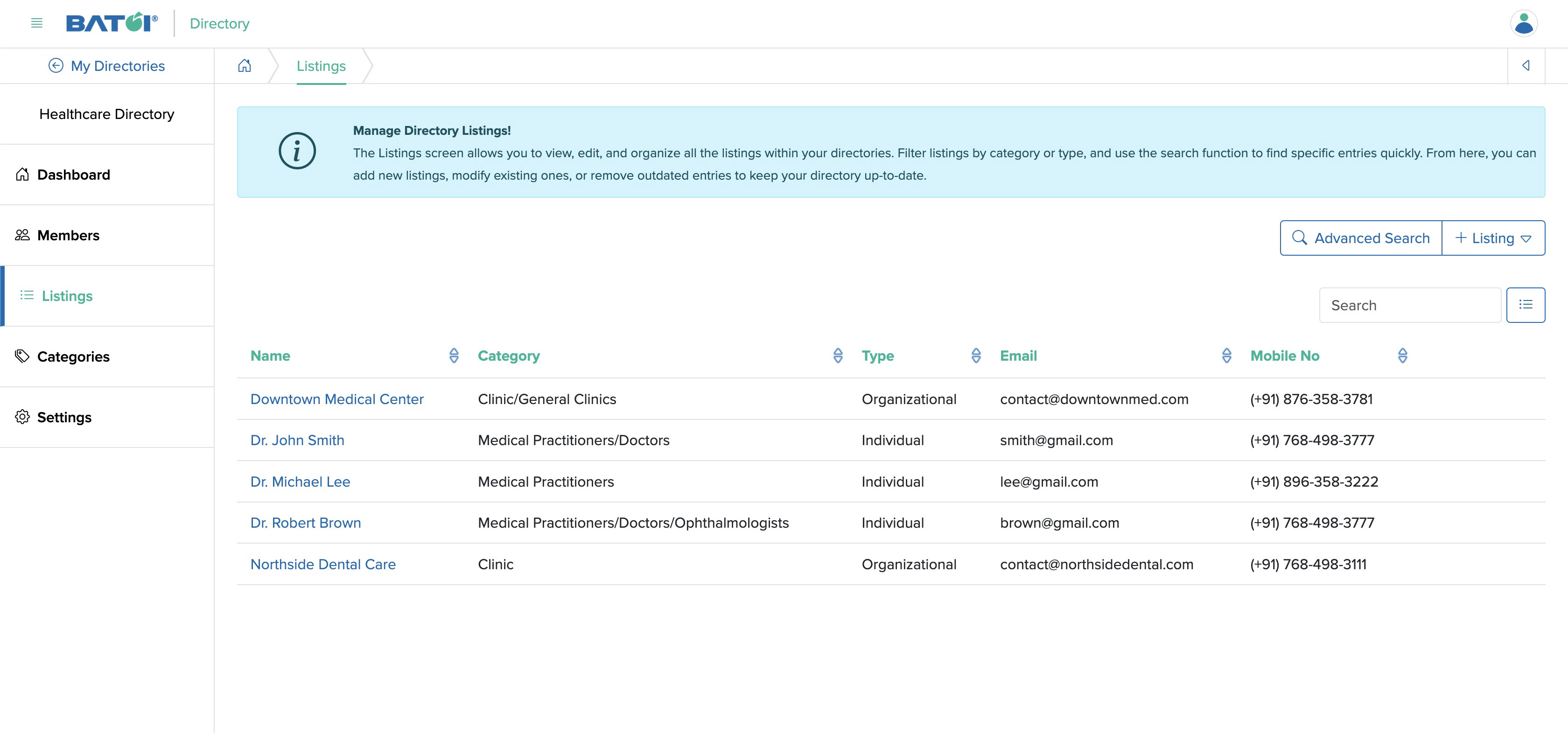 Figure 9: Individual Directory Admin Panel Listing List Screen