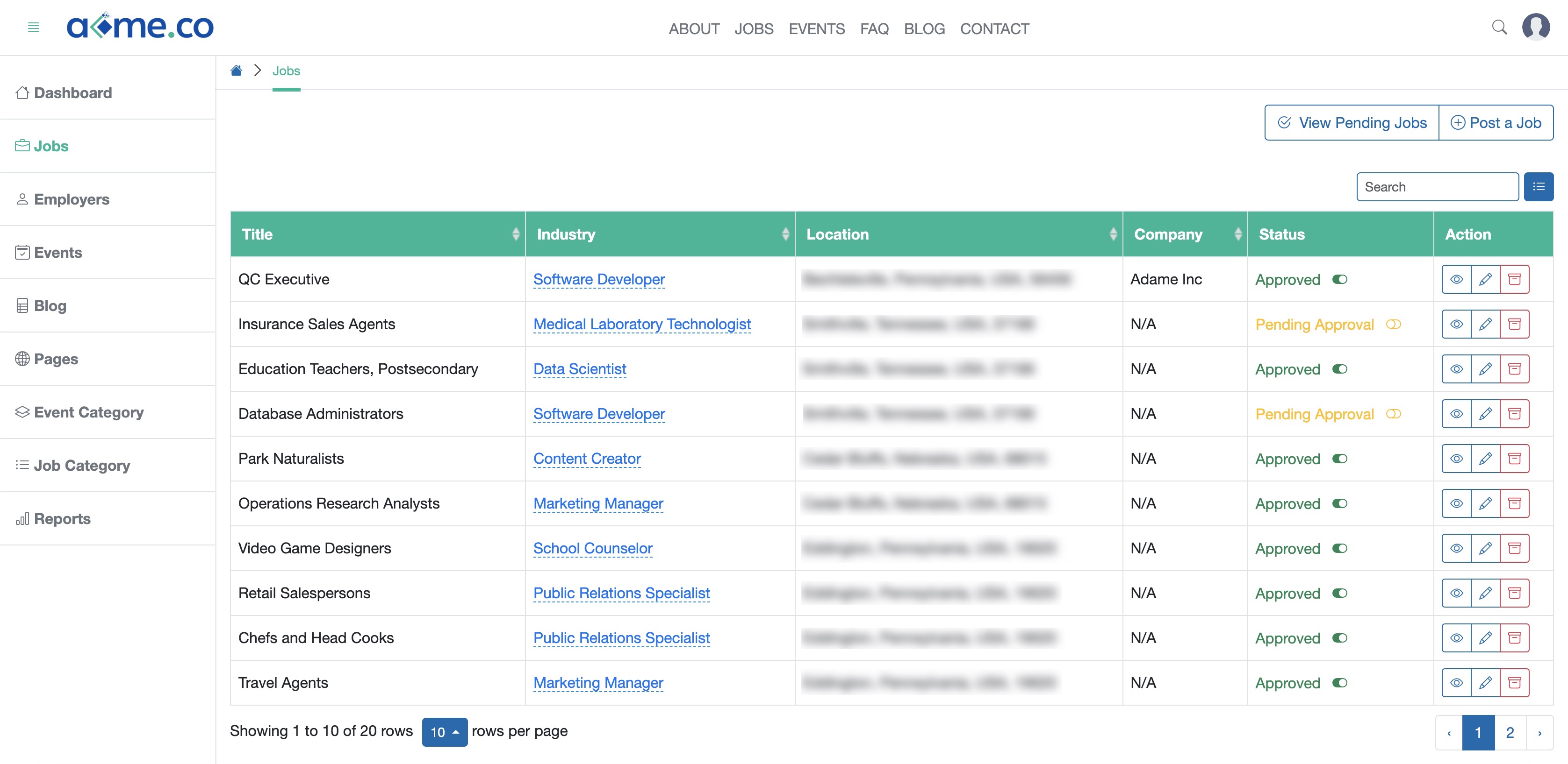 Figure 1: WFC Admin Portal Job List Page