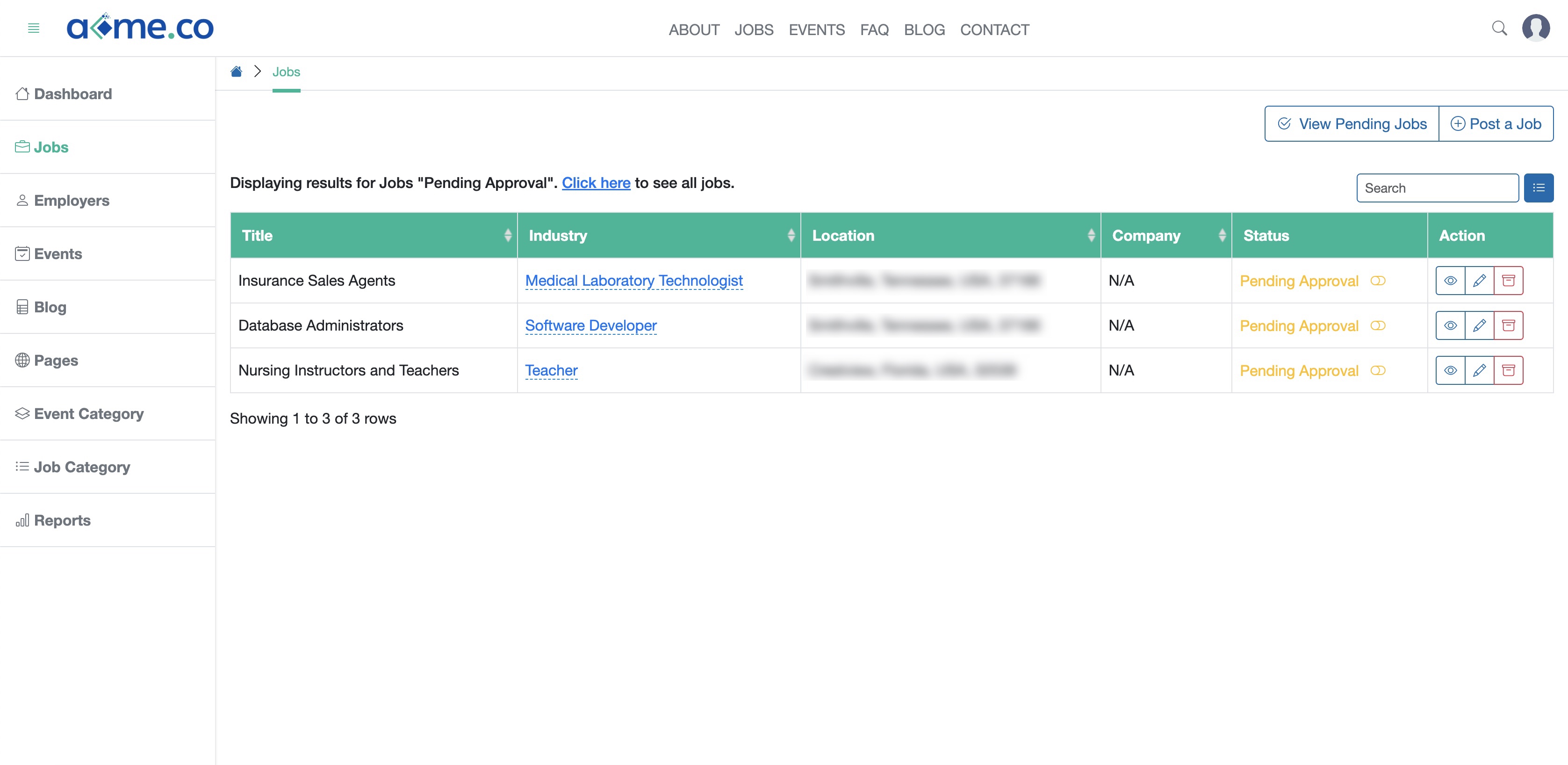 Figure 2: WFC Admin Portal Job List Page