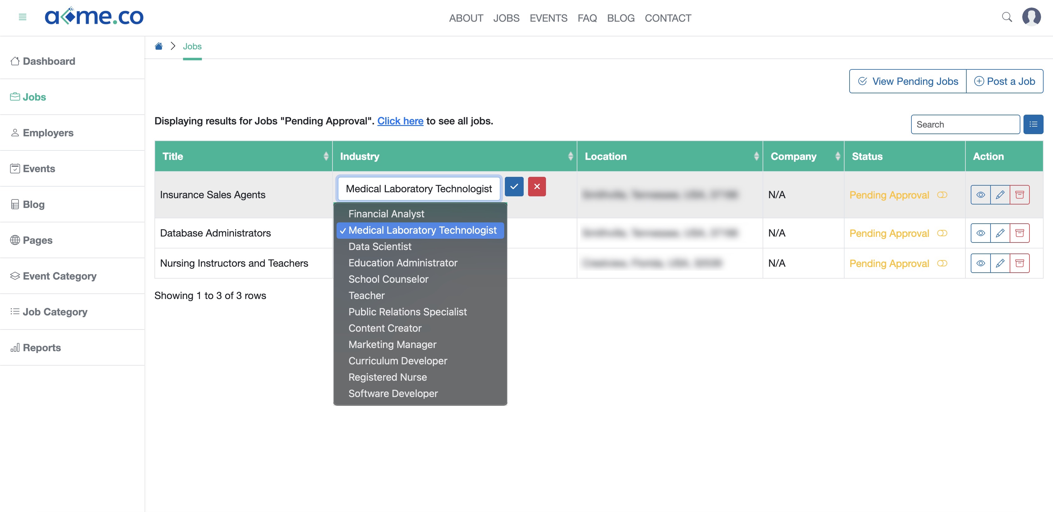 Figure 3: WFC Admin Portal Change Industry for Job Page