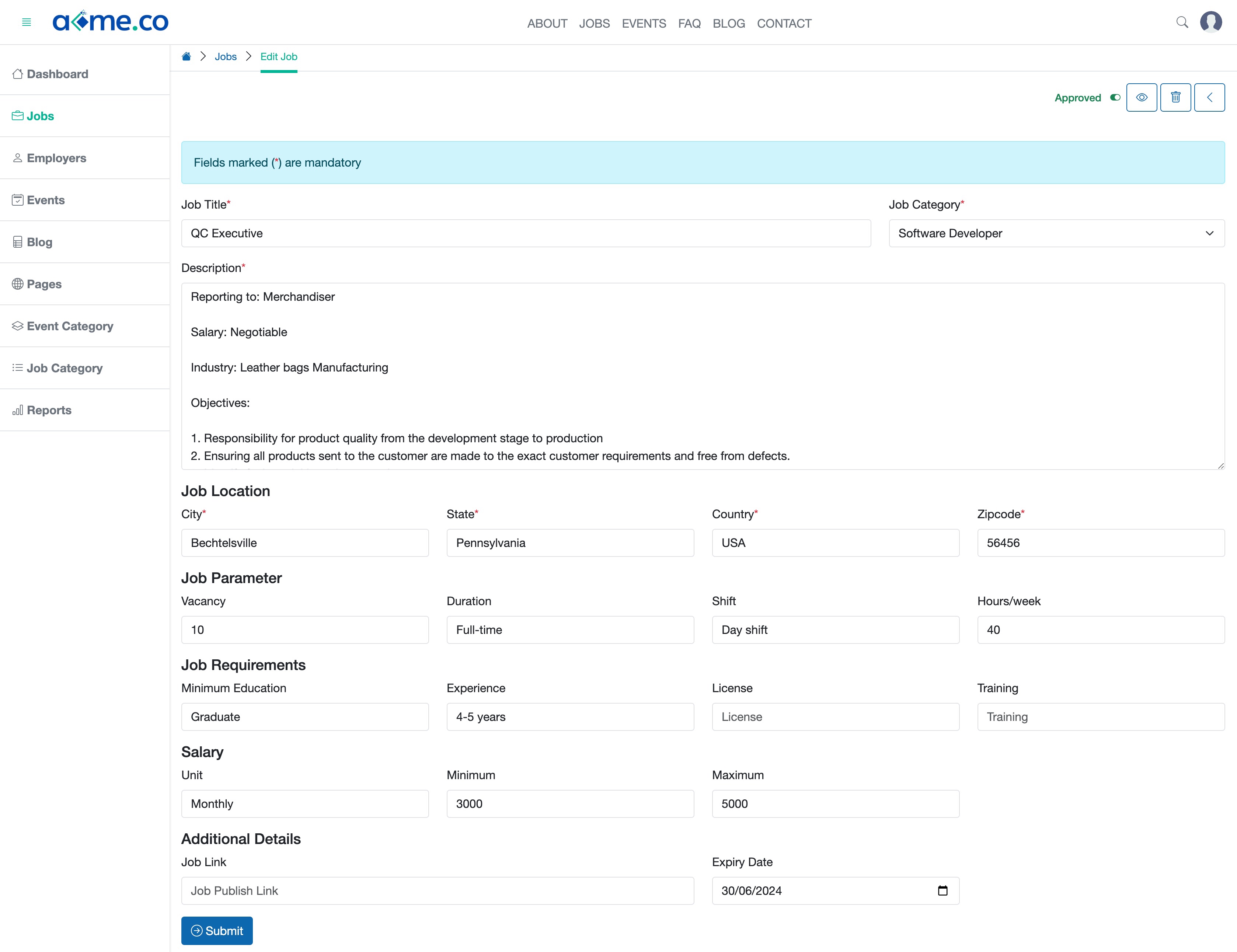 Figure 5: WFC Admin Portal Individual Job Edit Page