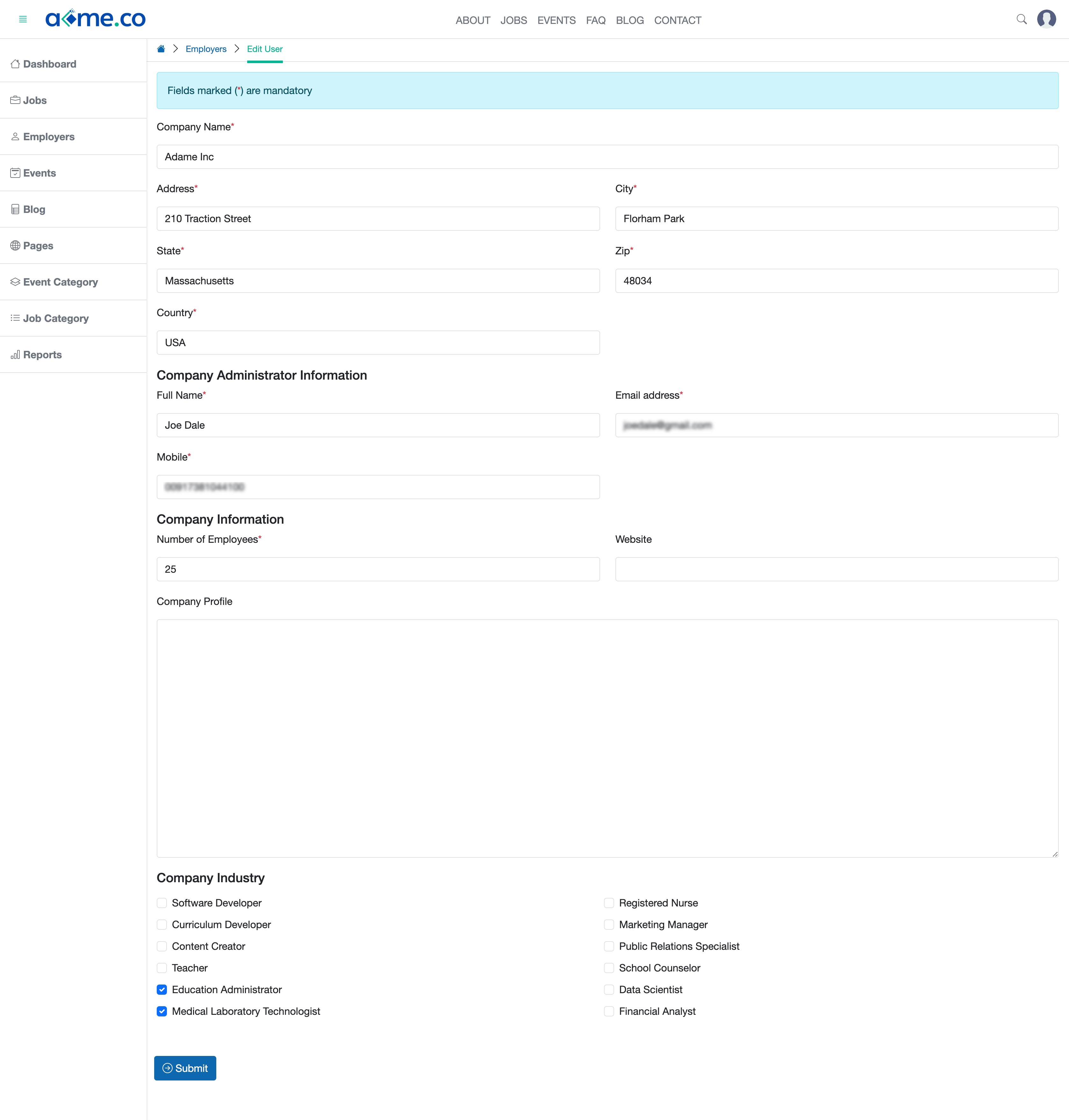 Figure 3: WFC Admin Portal Individual Employer Edit Page