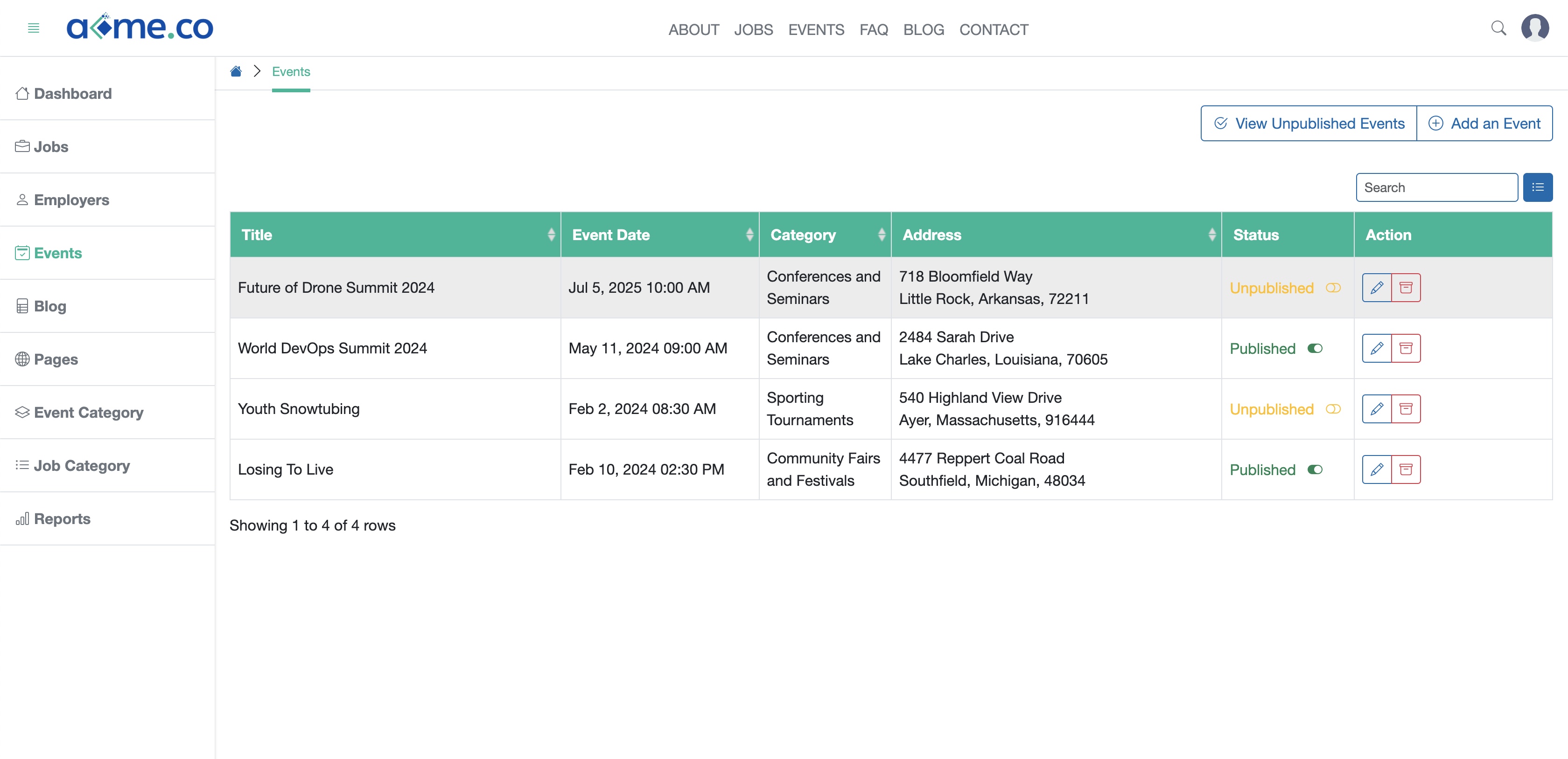 Figure 1: WFC Admin Portal Event List Page