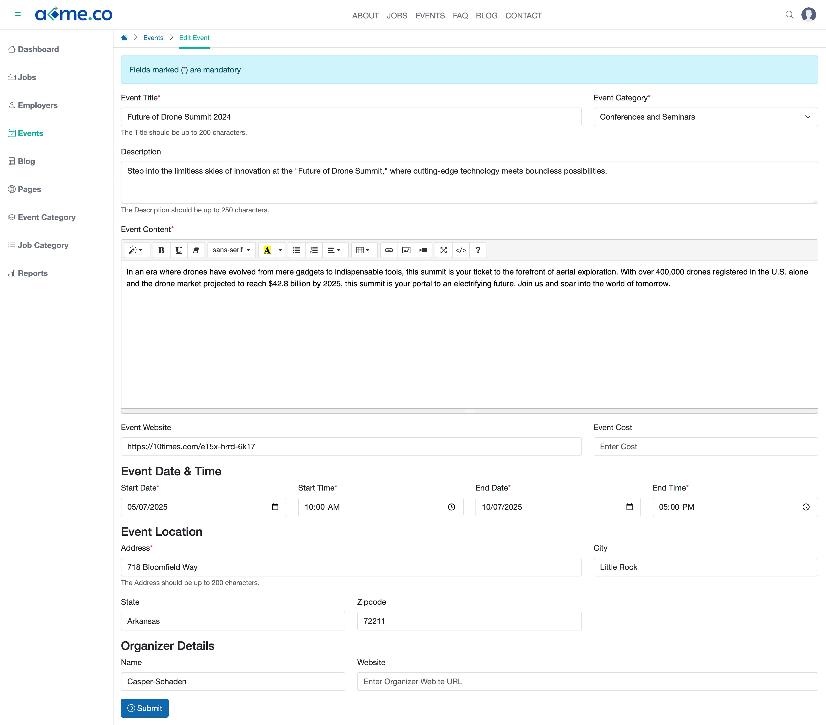 Figure 3: WFC Admin Portal Event Edit Page