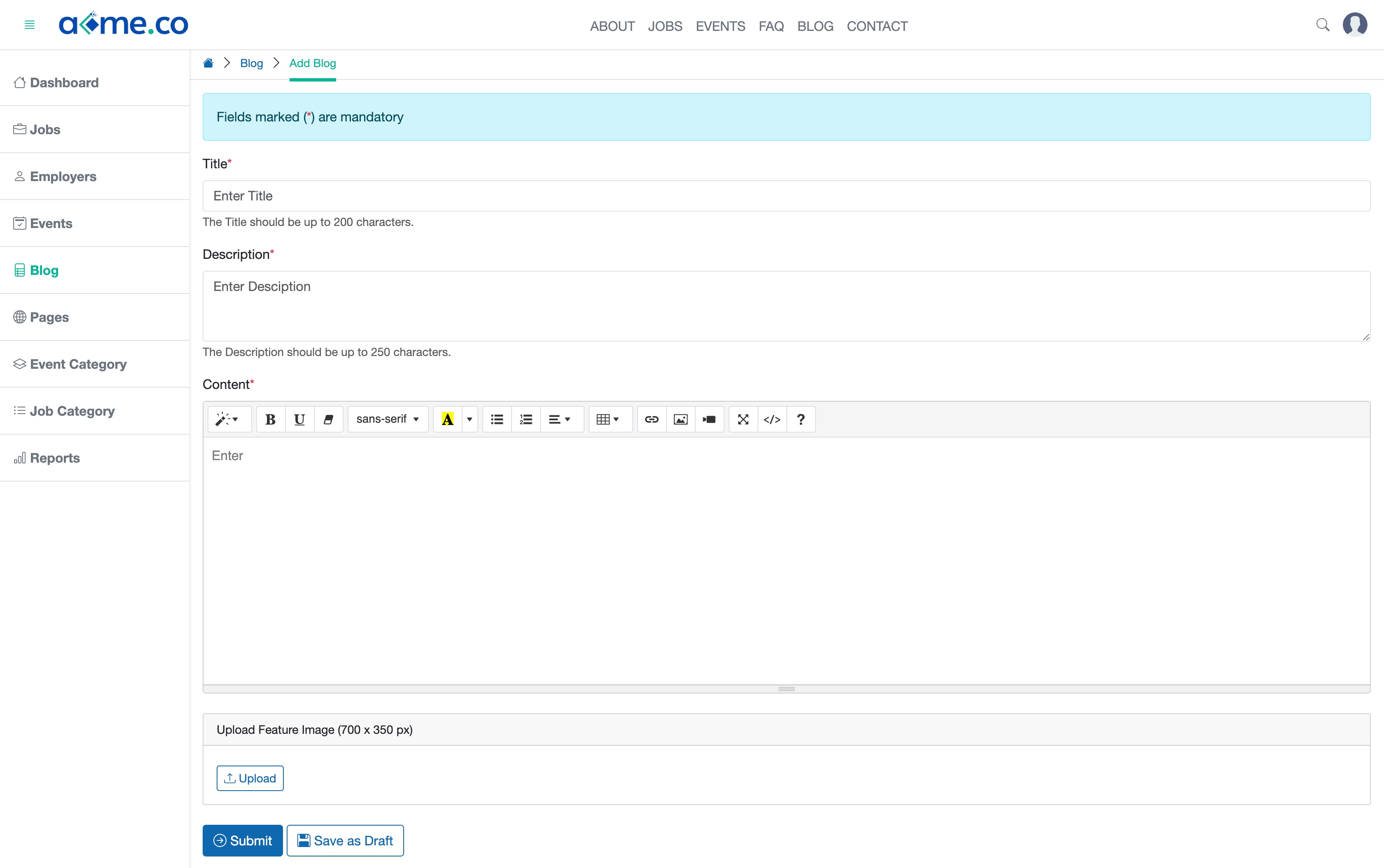 Figure 2: WFC Admin Portal Individual Blog Add Page