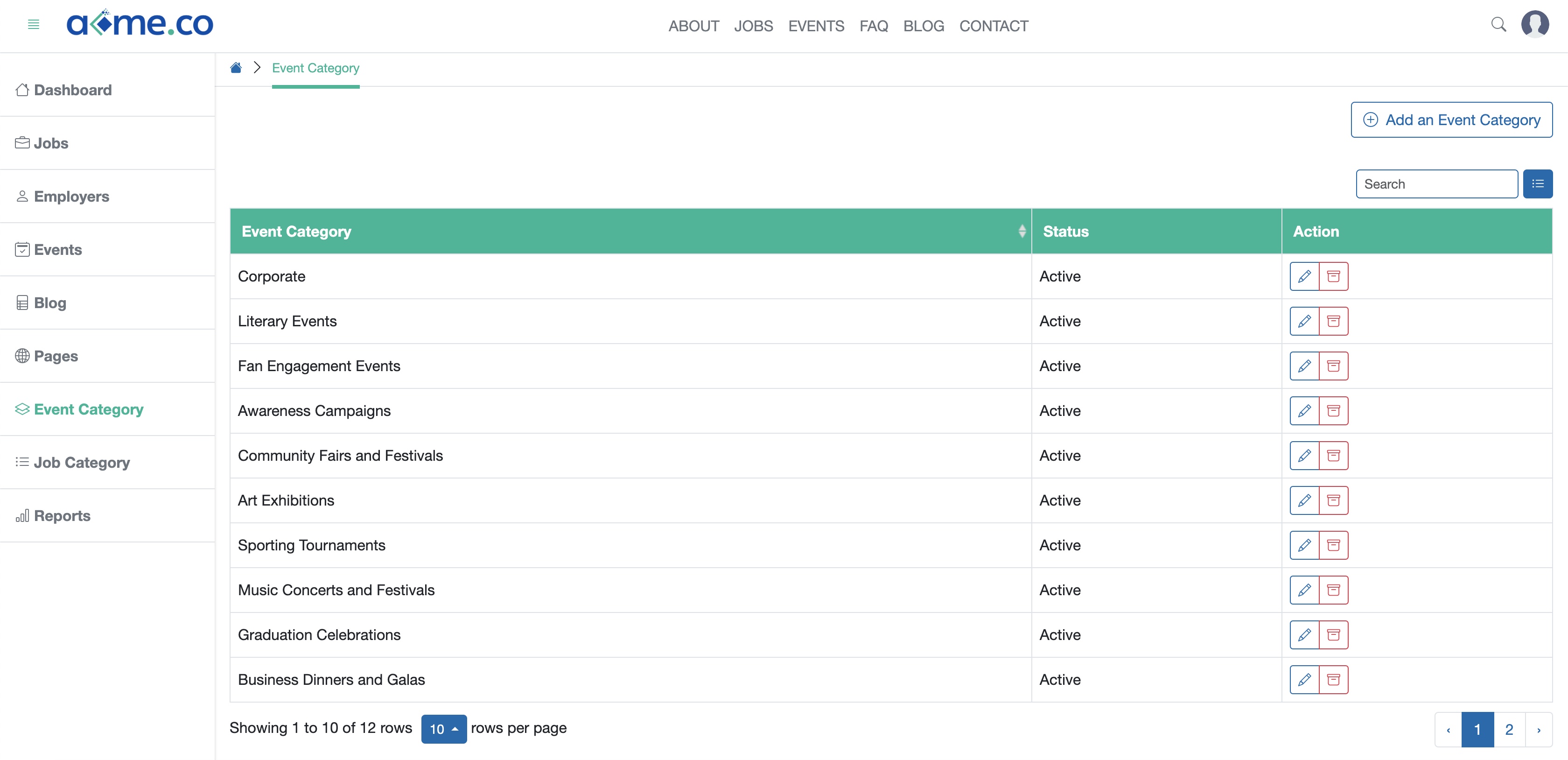 Figure 1: WFC Admin Portal Event Category List Page