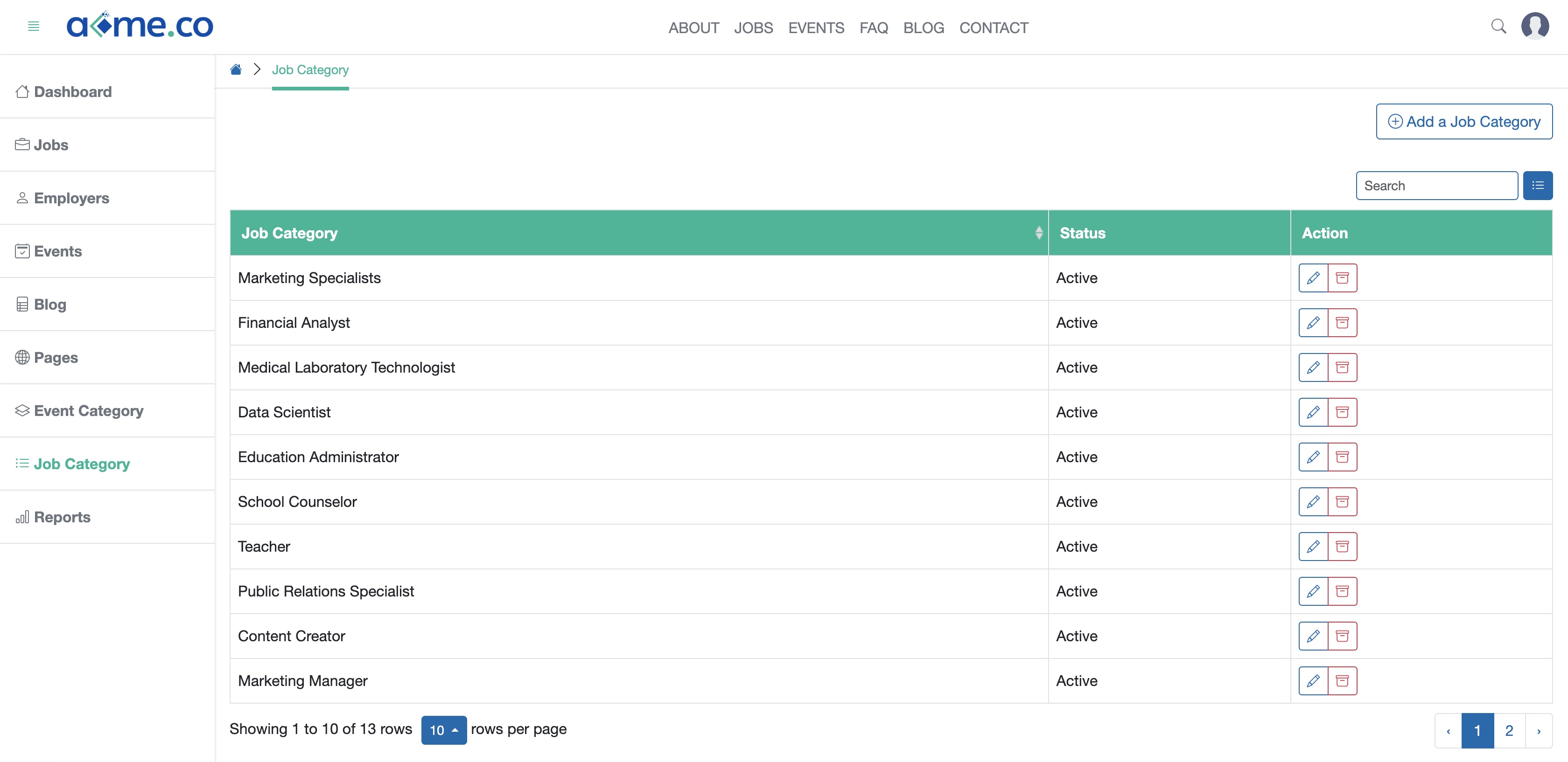 Figure 1: WFC Admin Portal Job Category List Page