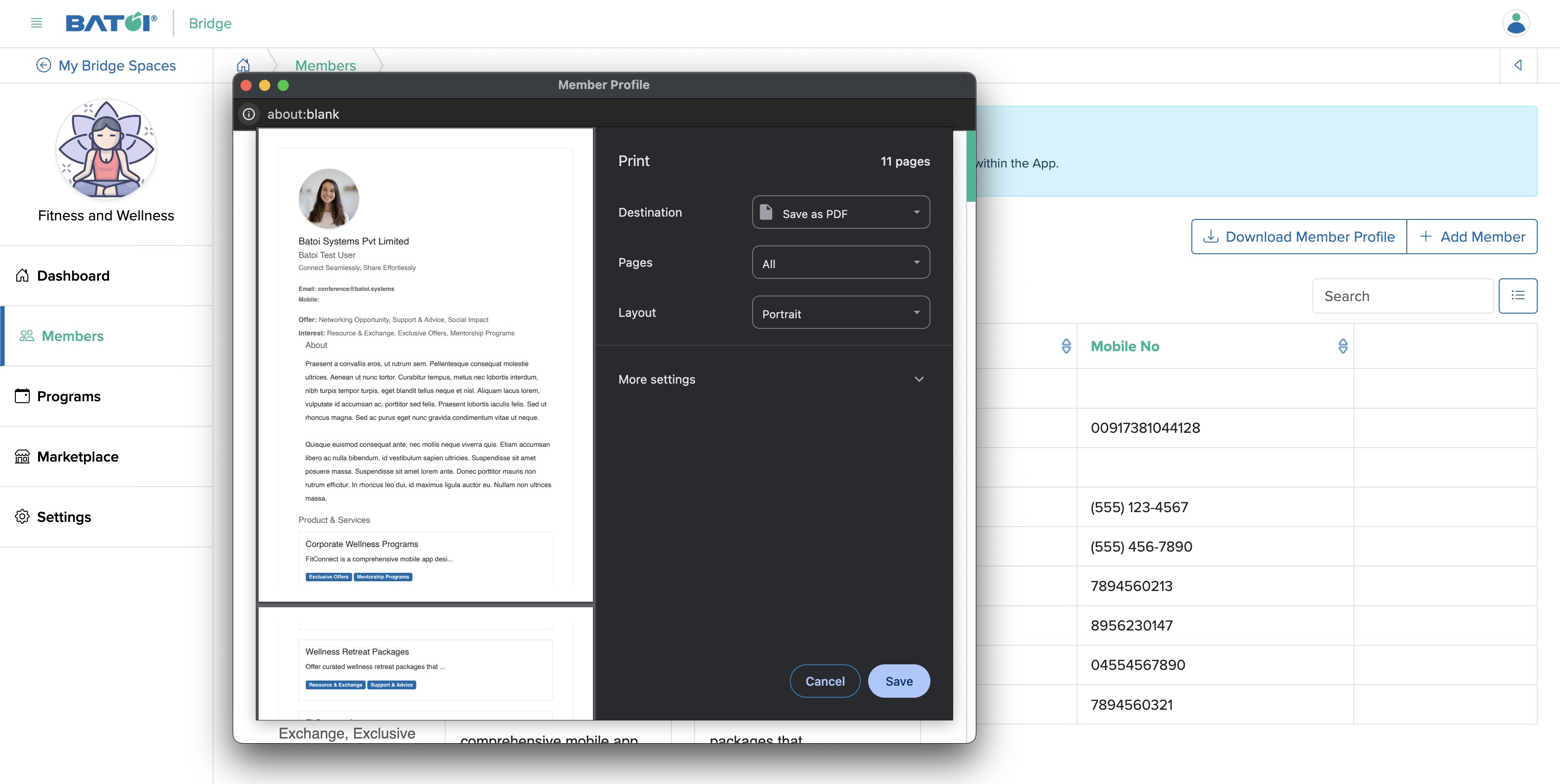 Figure 4: Individual Bridge Manager Control Panel Download Member Profile Popup Screen