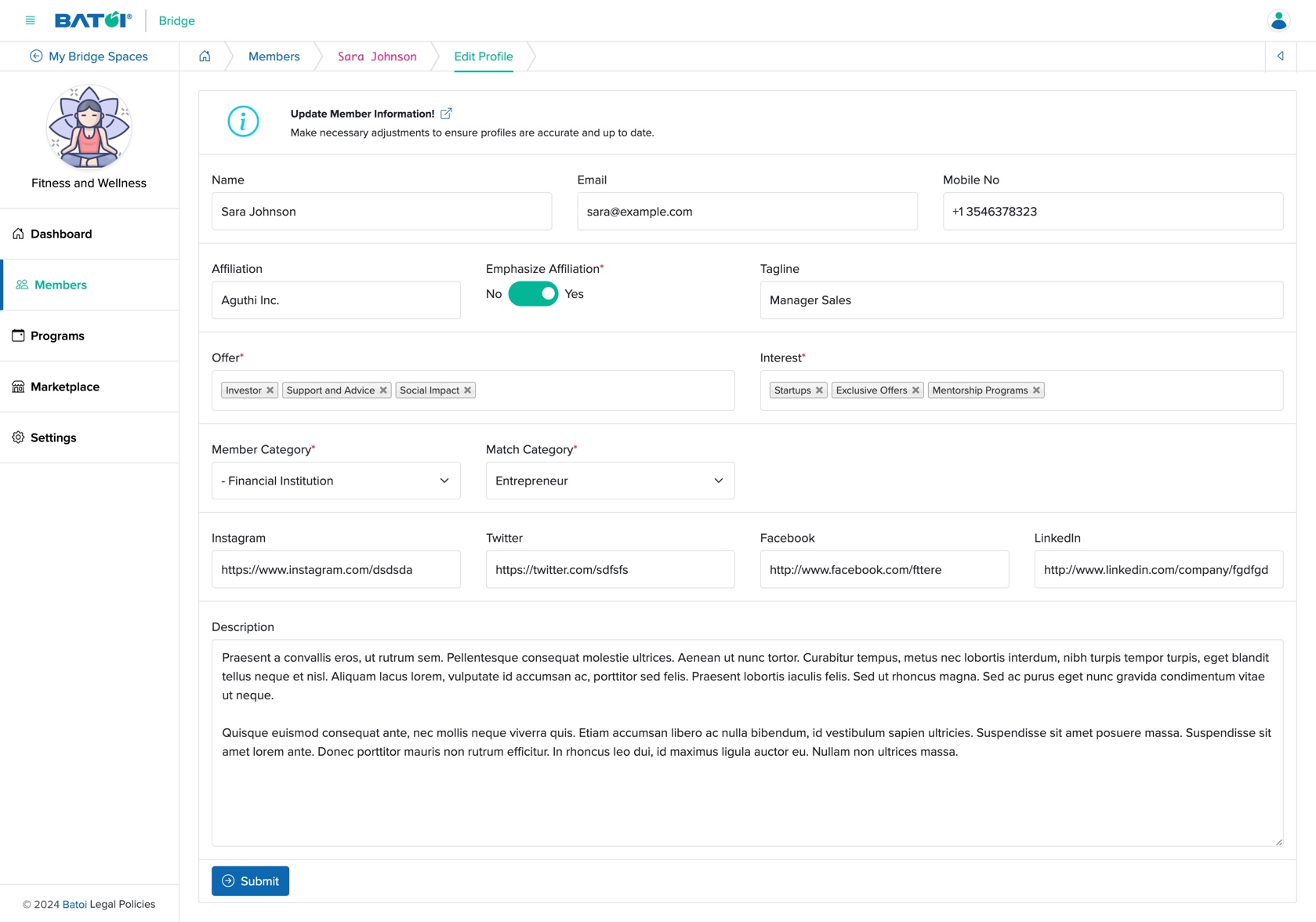 Figure 10: Individual Bridge Manager Control Panel Attendee Profile Edit Screen