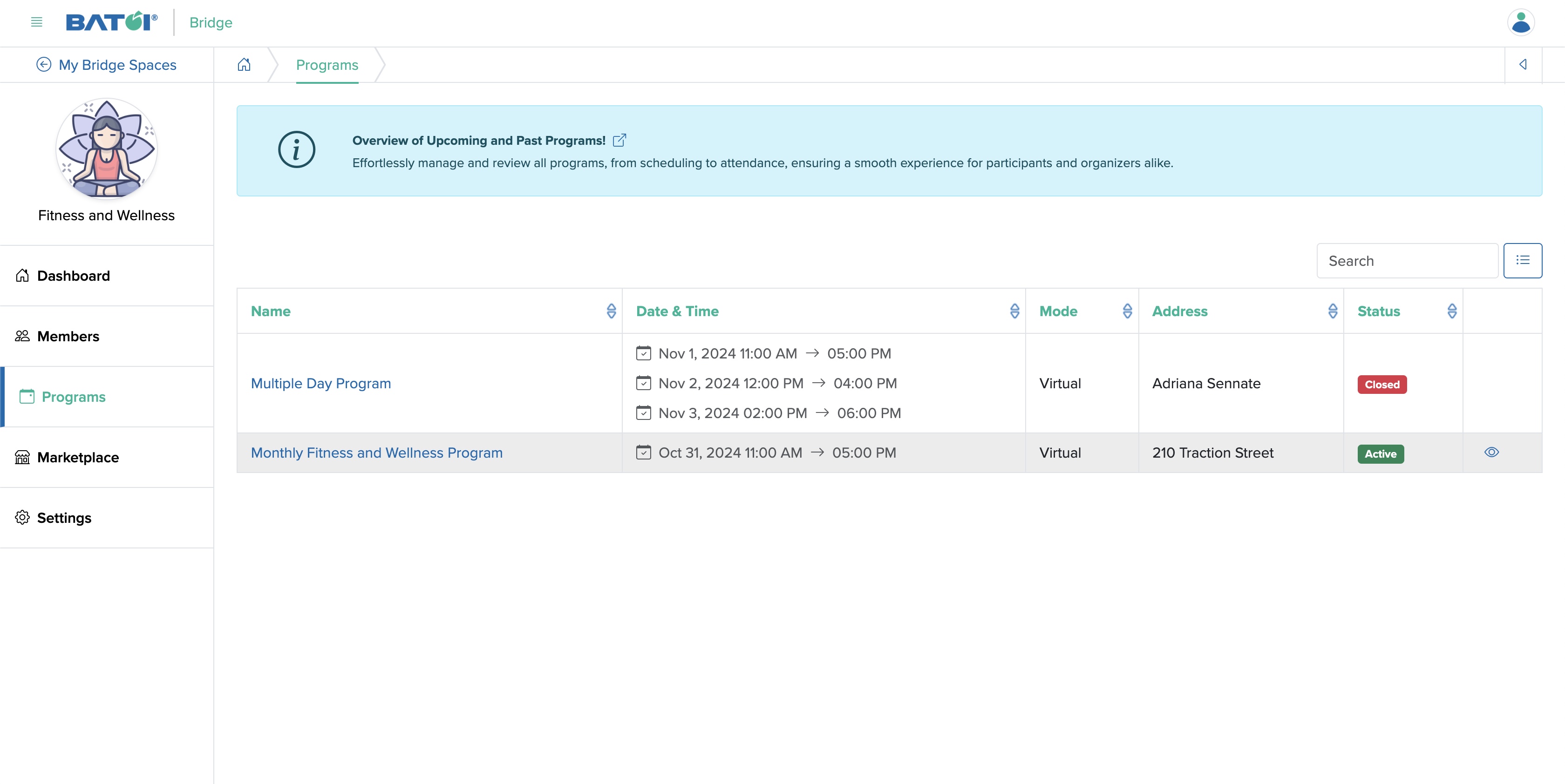 Figure 2: Individual Bridge Manager Control Panel Program List Screen