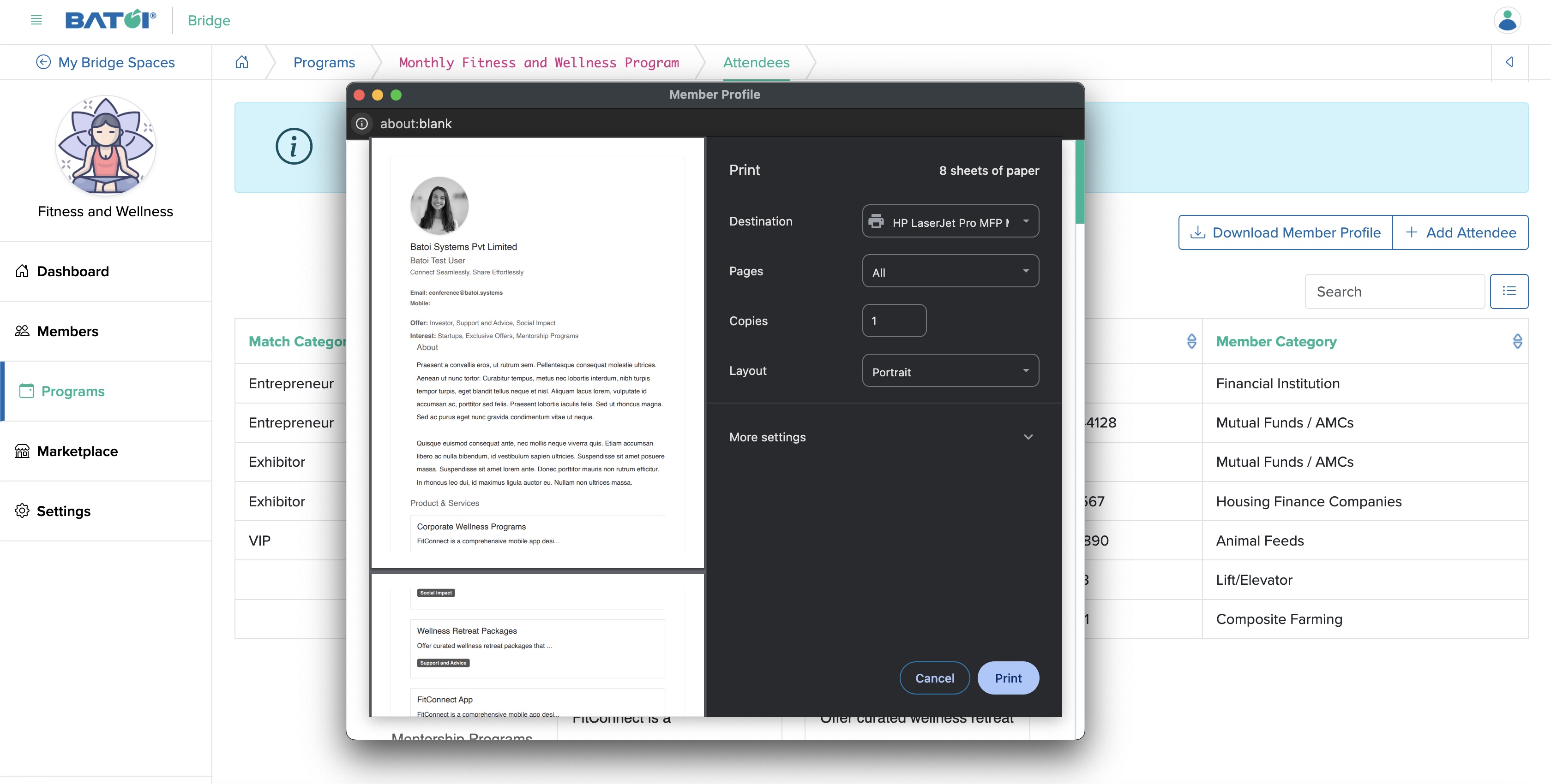 Figure 9: Individual Bridge Manager Control Panel Download Member Profile Popup Screen