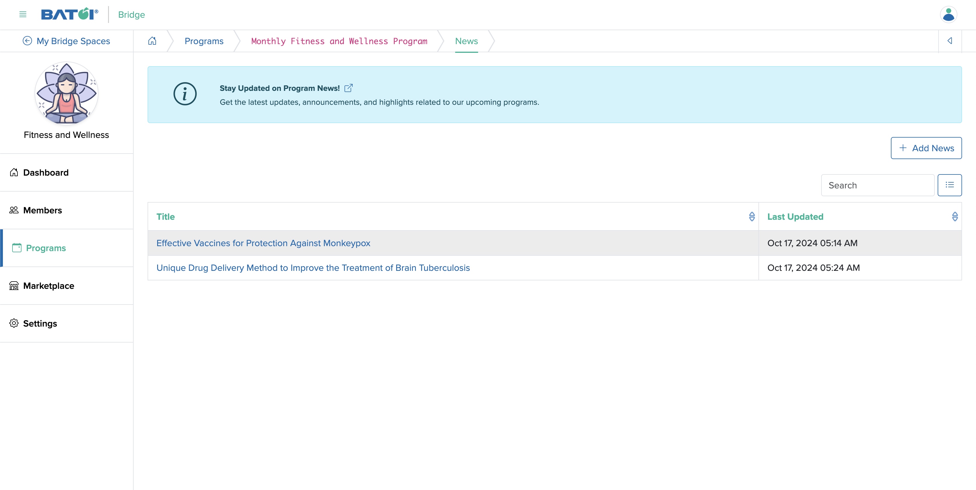 Figure 13: Individual Bridge Manager Control Panel Program News Screen