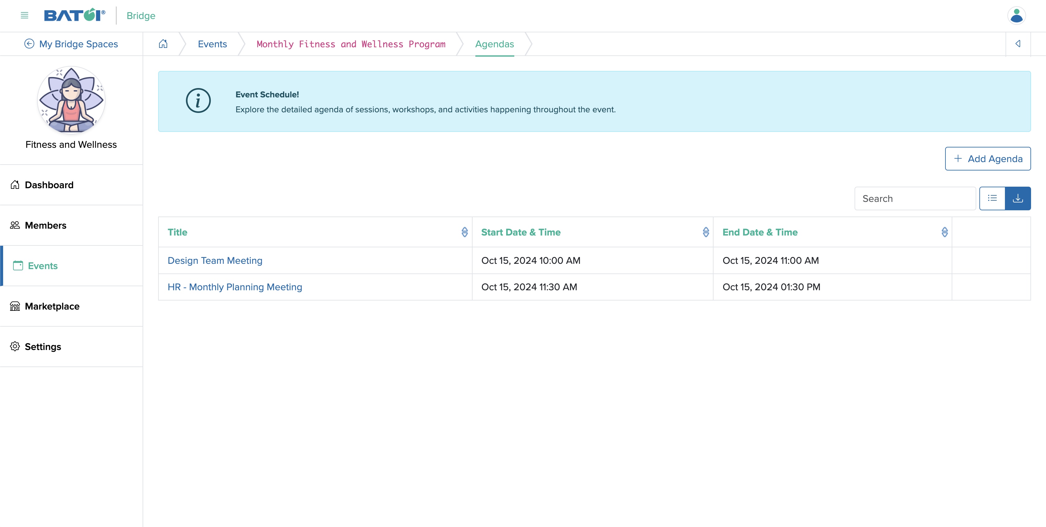 Figure 31: Individual Bridge Manager Control Panel Program Agenda Export Screen