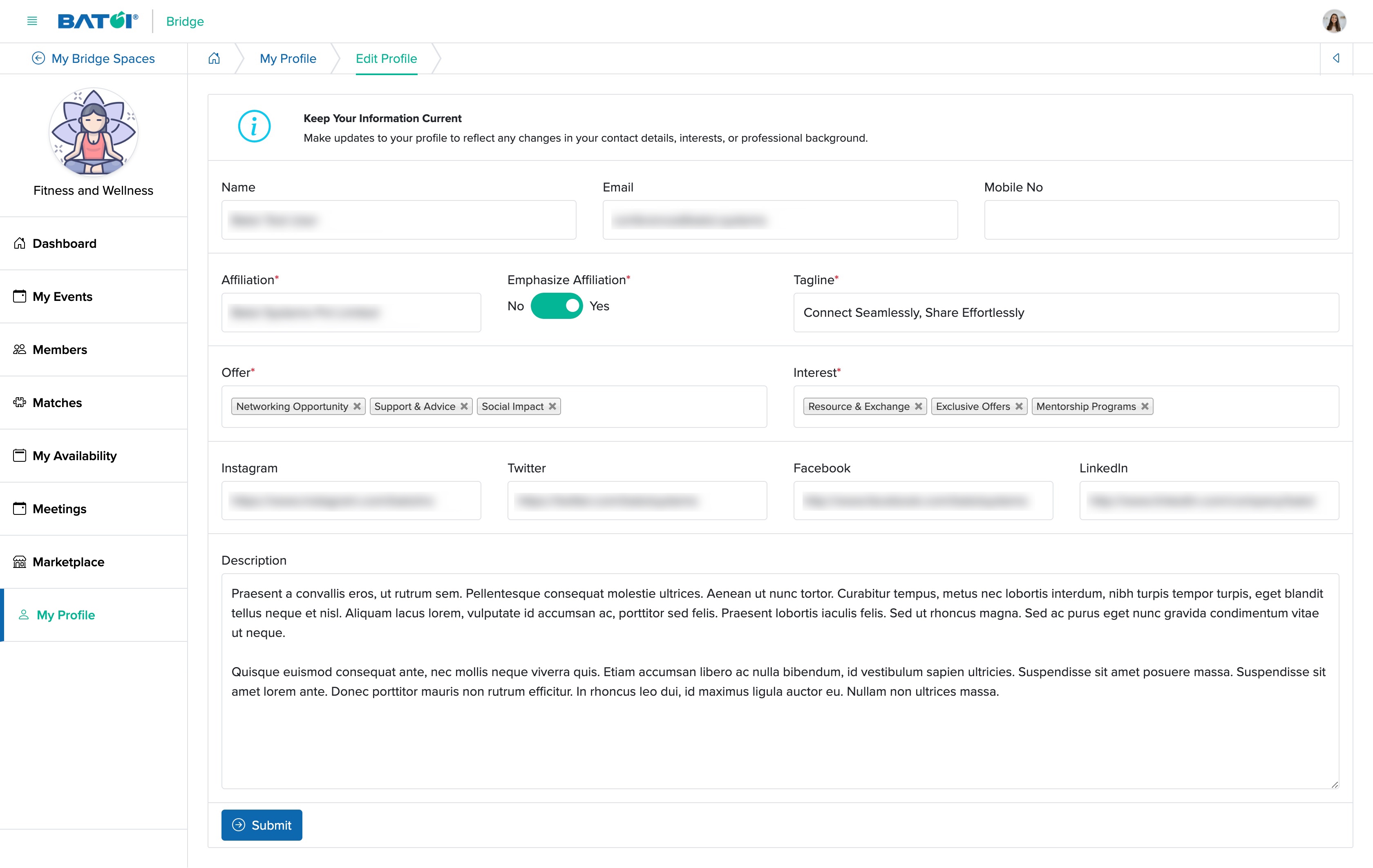 Figure 3: Individual Bridge Member Control Panel Edit Profile Screen