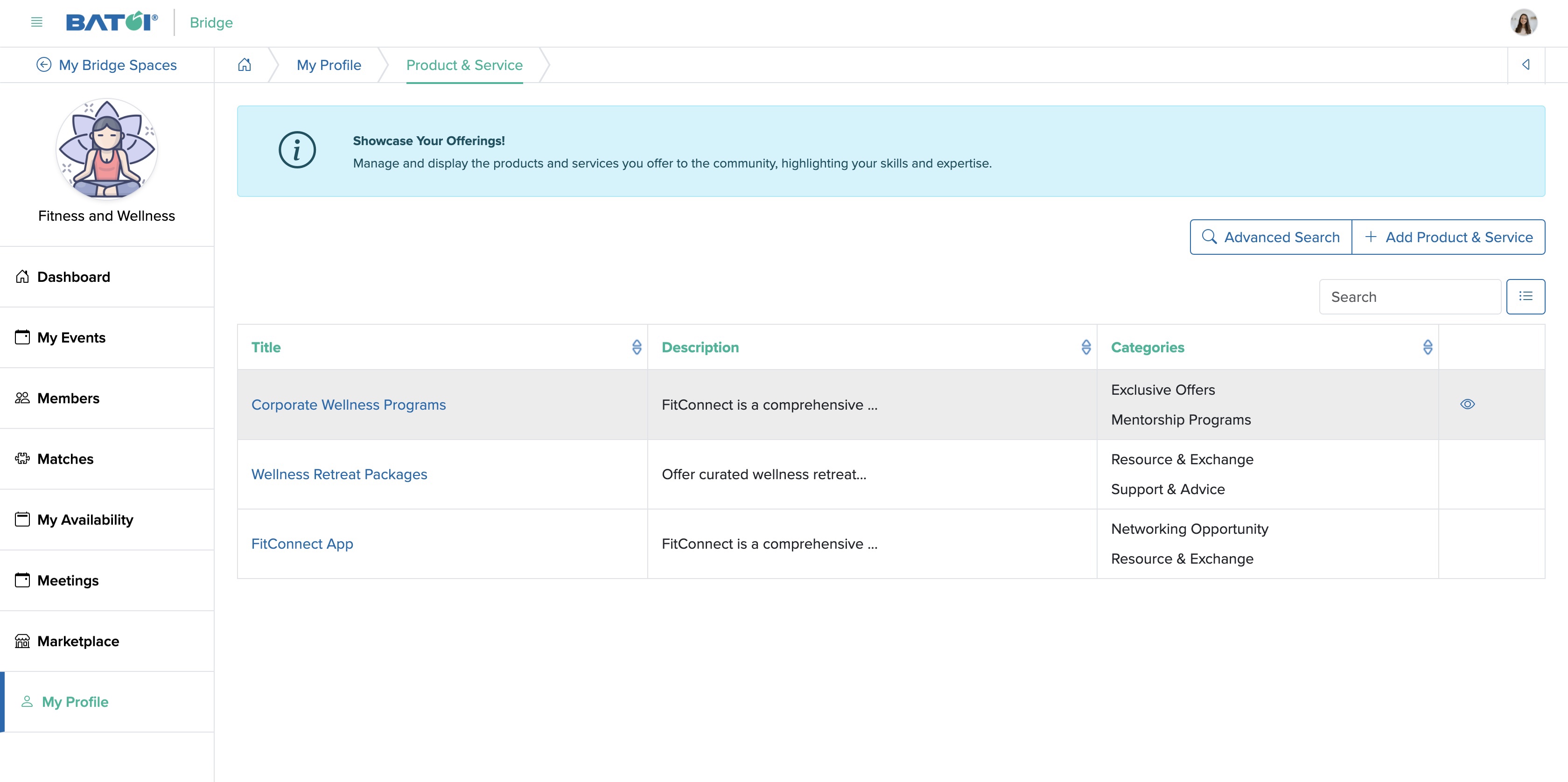 Figure 4: Individual Bridge Member Control Panel Product and Service List Screen