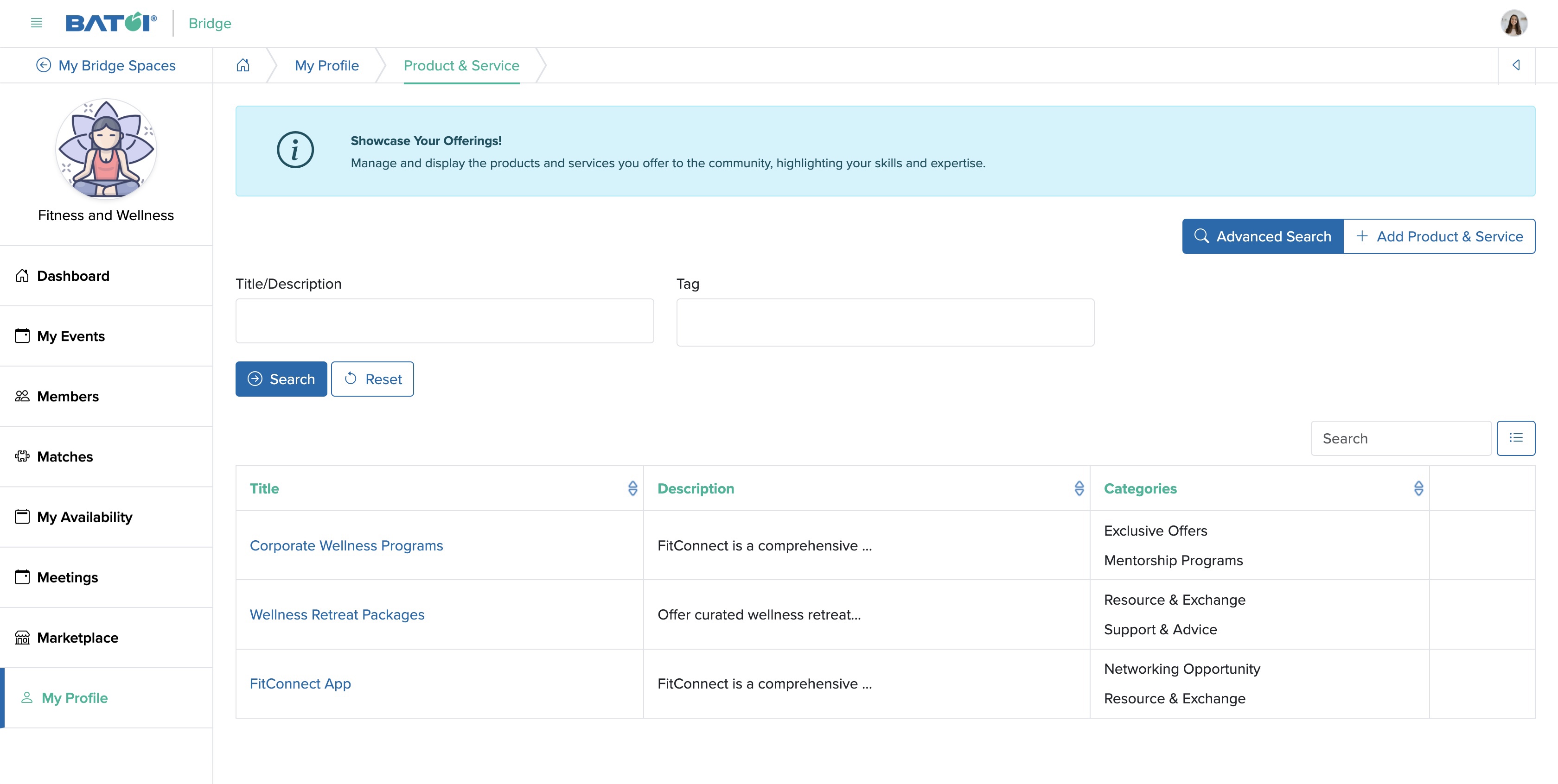 Figure 5: Individual Bridge Member Control Panel Product and Service Advanced Search Screen