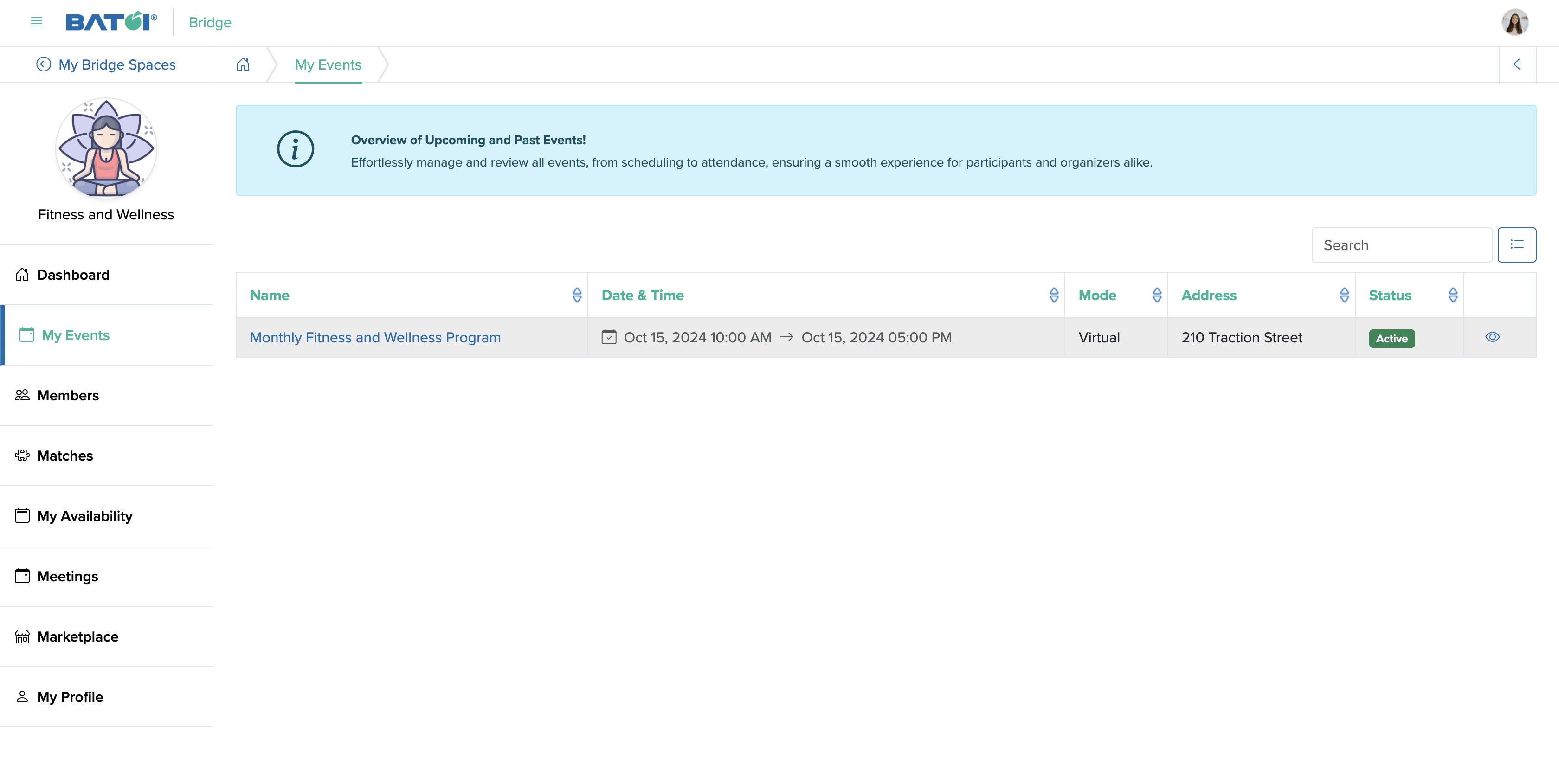 Figure 2: Individual Bridge Member Control Panel My Event Screen