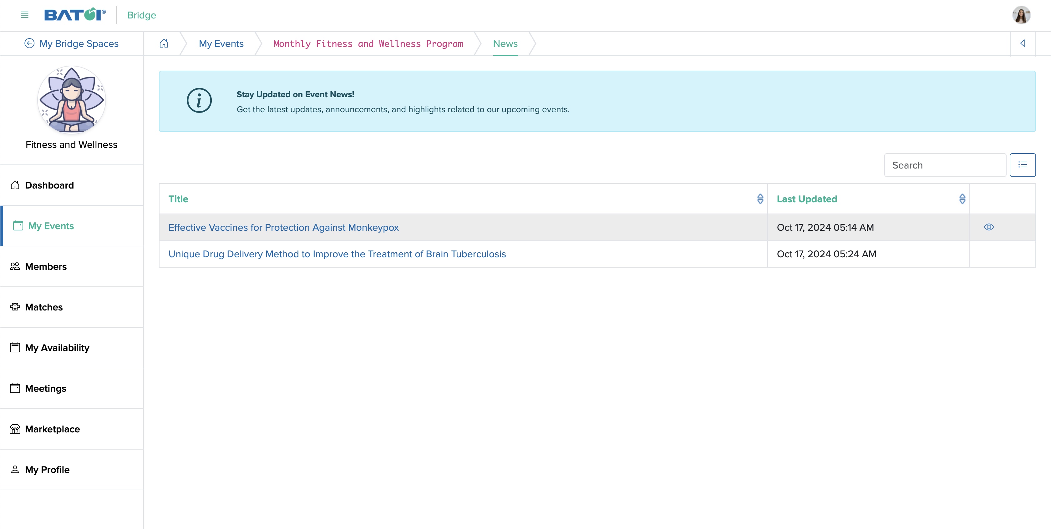 Figure 4: Individual Bridge Member Control Panel Individual Event News Screen