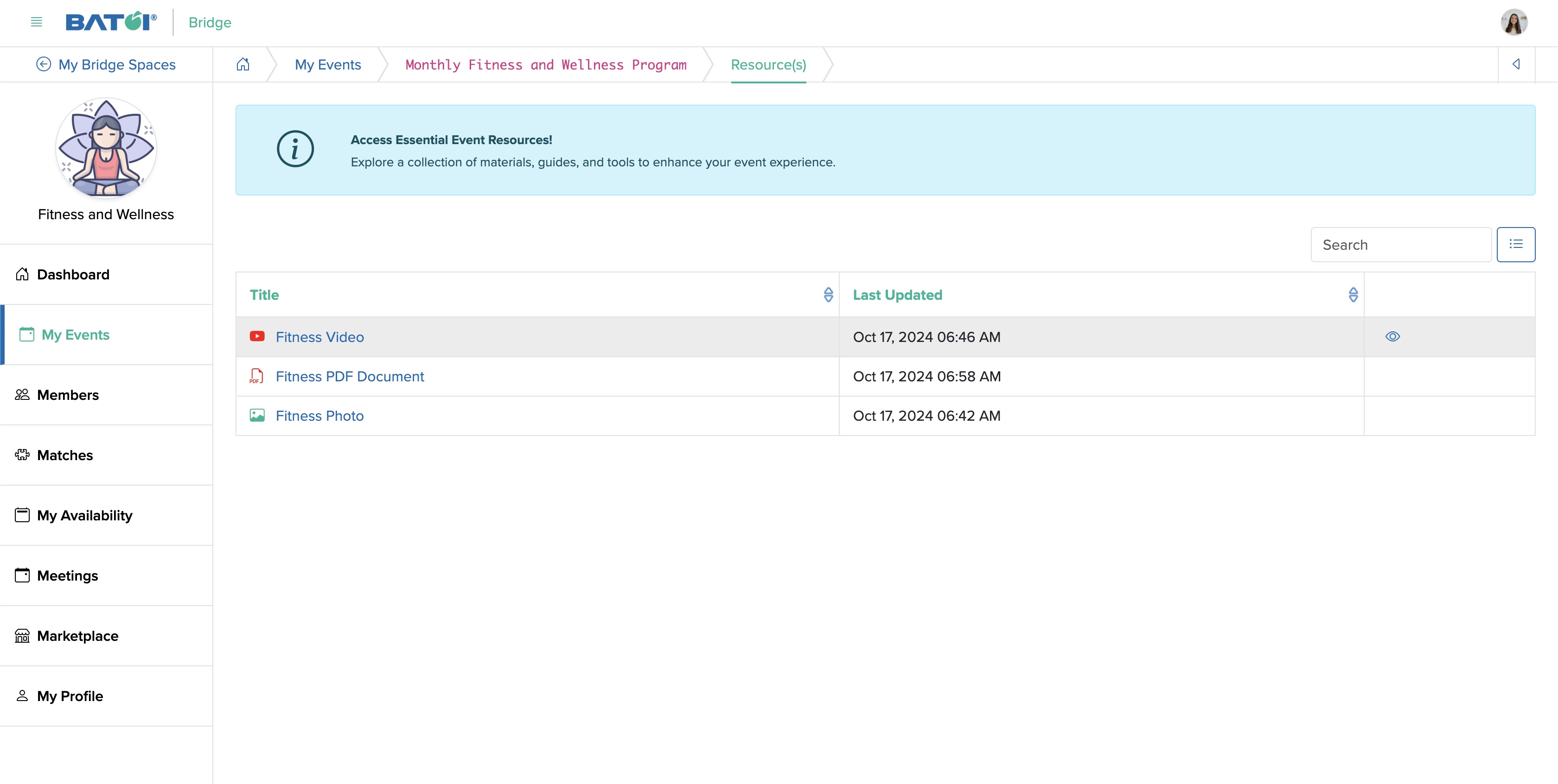 Figure 6: Individual Bridge Member Control Panel Individual Event Resource Screen