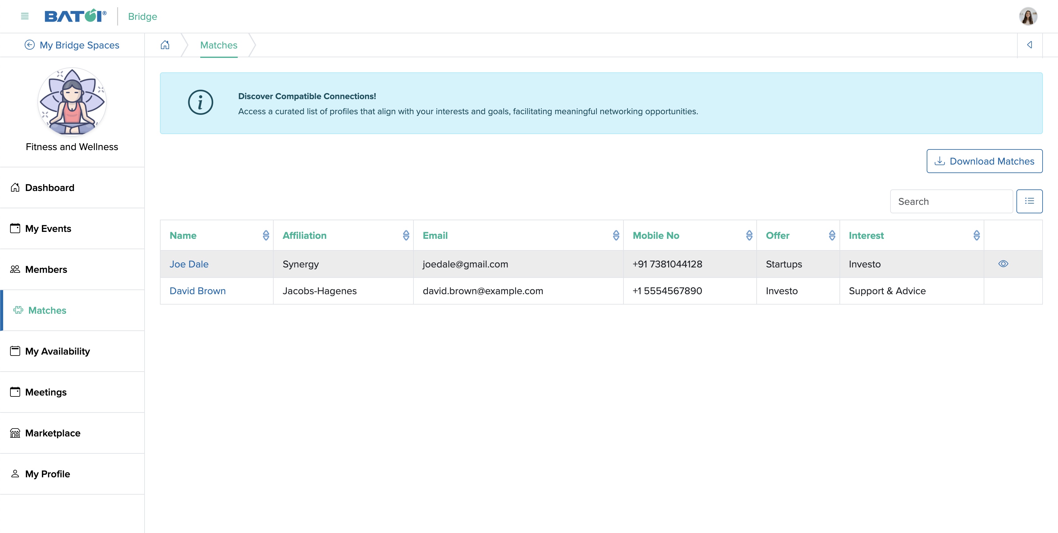 Figure 2: Individual Bridge Member Control Panel Matches List Screen