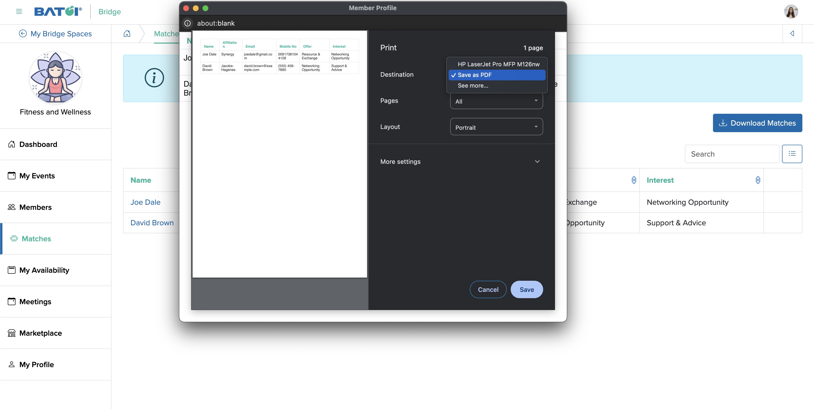 Figure 3: Individual Bridge Member Control Panel Download Matches Popup Screen