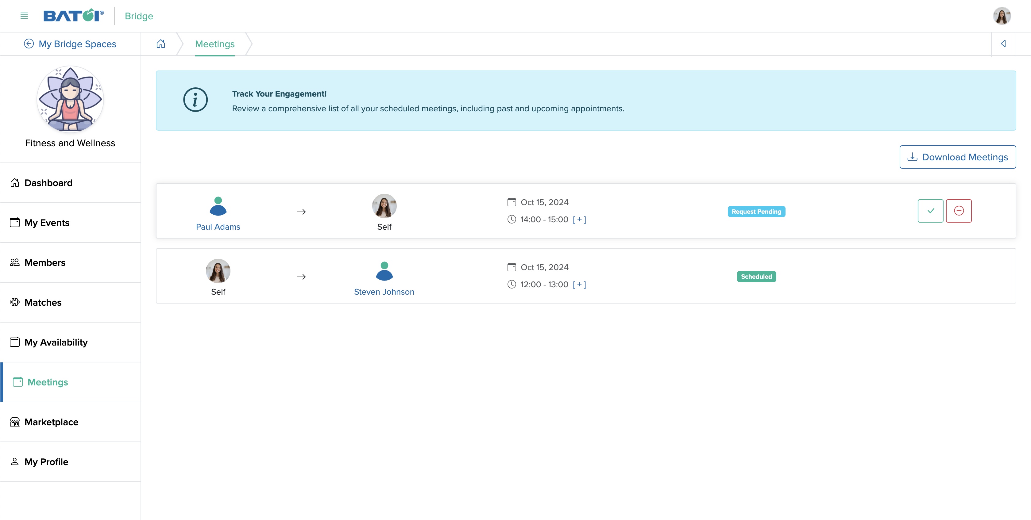 Figure 2: Individual Bridge Member Control Panel Meetings List Screen